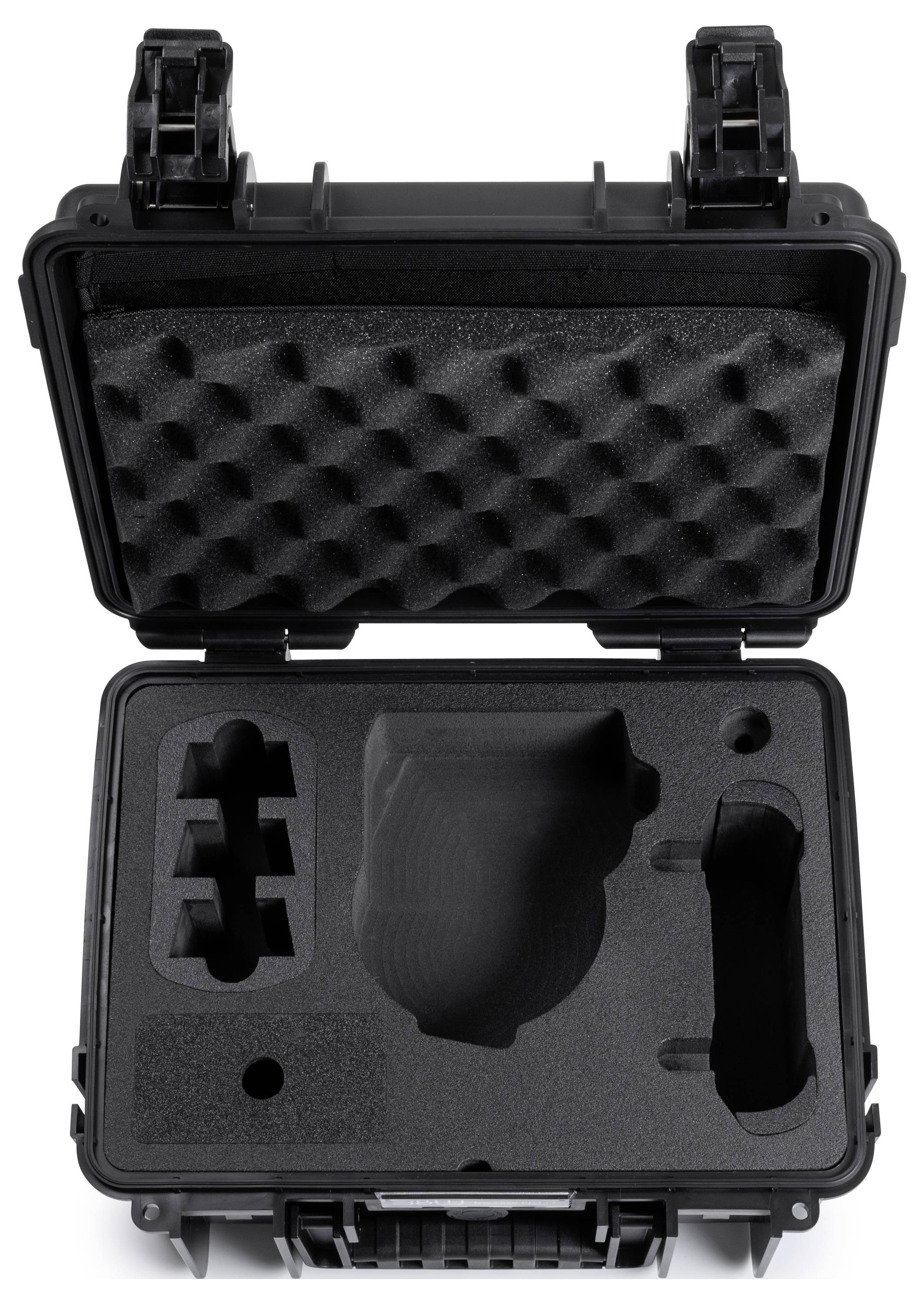 Eine robuste Kunststoff-Transportbox mit individuell geschnittenem Schaumstoffinnenleben, speziell zur Aufnahme bestimmter Ausrüstungsgegenstände, wird geöffnet dargestellt, mit Verschlüssen an der Oberseite.