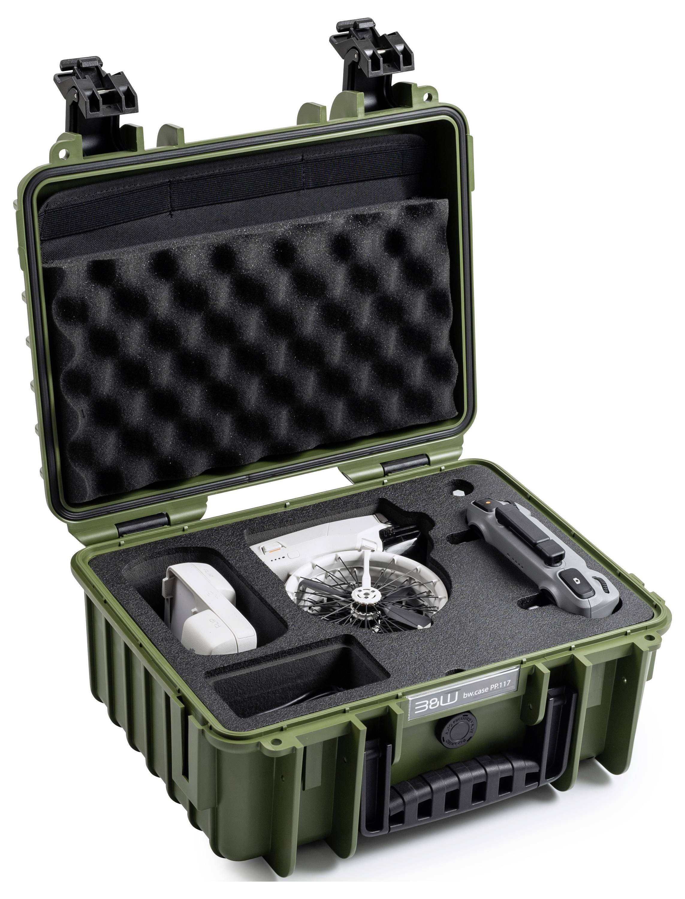 Ein offener olivgrüner Schutzkoffer enthält eine kleine Drohne und einen Controller, ausgestattet mit Schaumstoffpolsterung für einen sicheren Transport.
