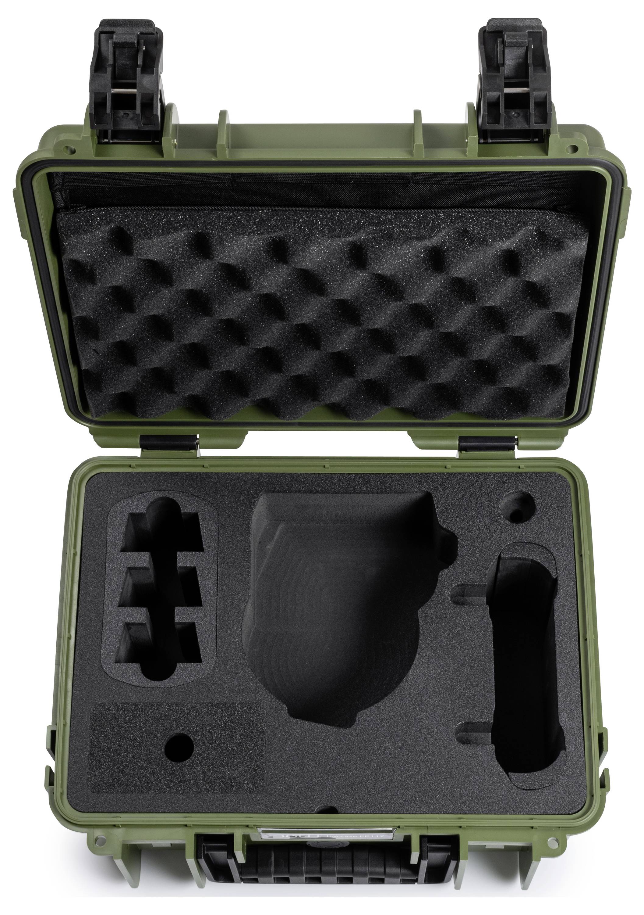 Grüne, robuste Schutztragetasche mit maßgeschneiderten Schaumstoffeinsätzen zur sicheren Befestigung von Ausrüstung, ausgestattet mit einer konturierten Innenauskleidung und widerstandsfähiger Konstruktion.