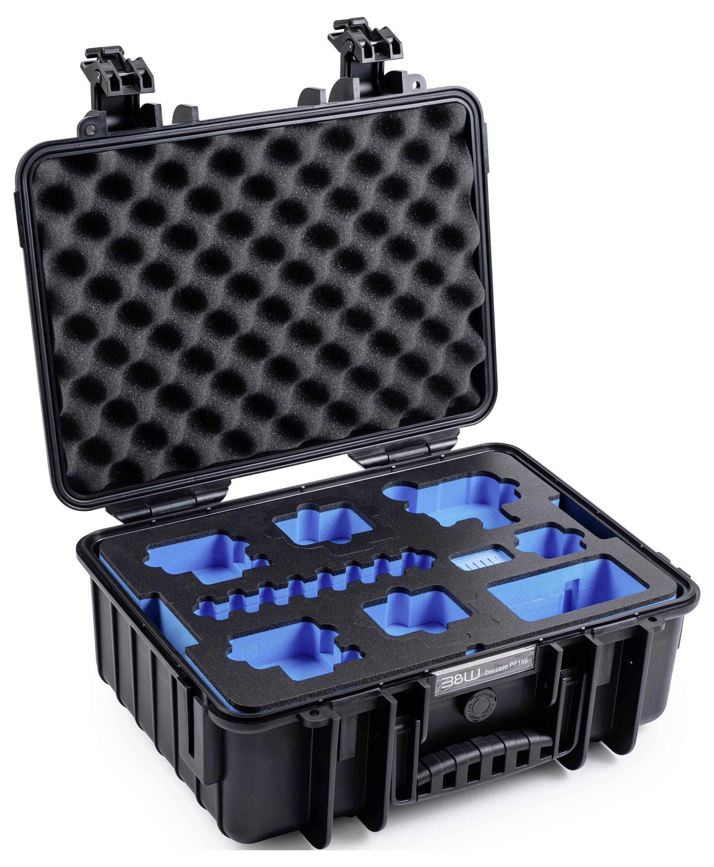 Ein schwarzer Schutzkoffer mit offener Deckelklappe, der blaue Schaumstoffeinsätze zeigt und darauf ausgelegt ist, mehrere elektronische Geräte oder Werkzeuge sicher zu halten und zu organisieren.