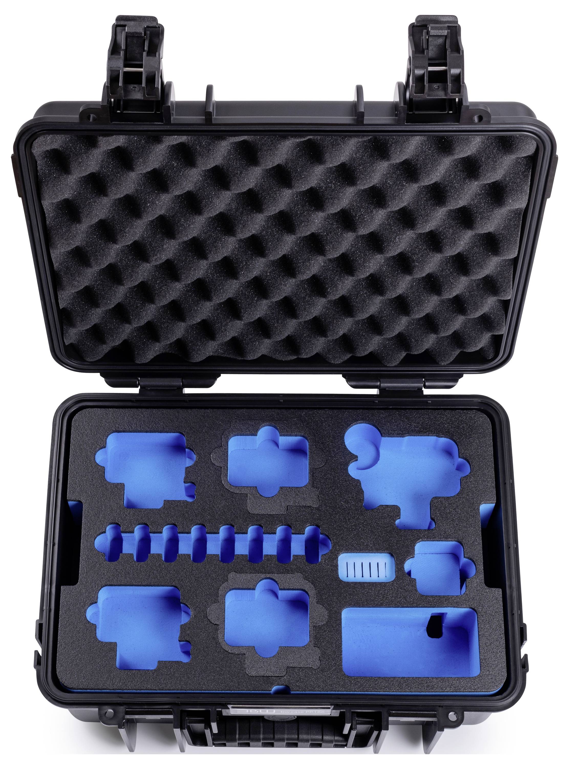 Ein robustes Schutzgehäuse ist geöffnet und zeigt maßgefertigte Schaumstoffeinlagen, die verschiedene Ausrüstungsgegenstände sicher befestigen.