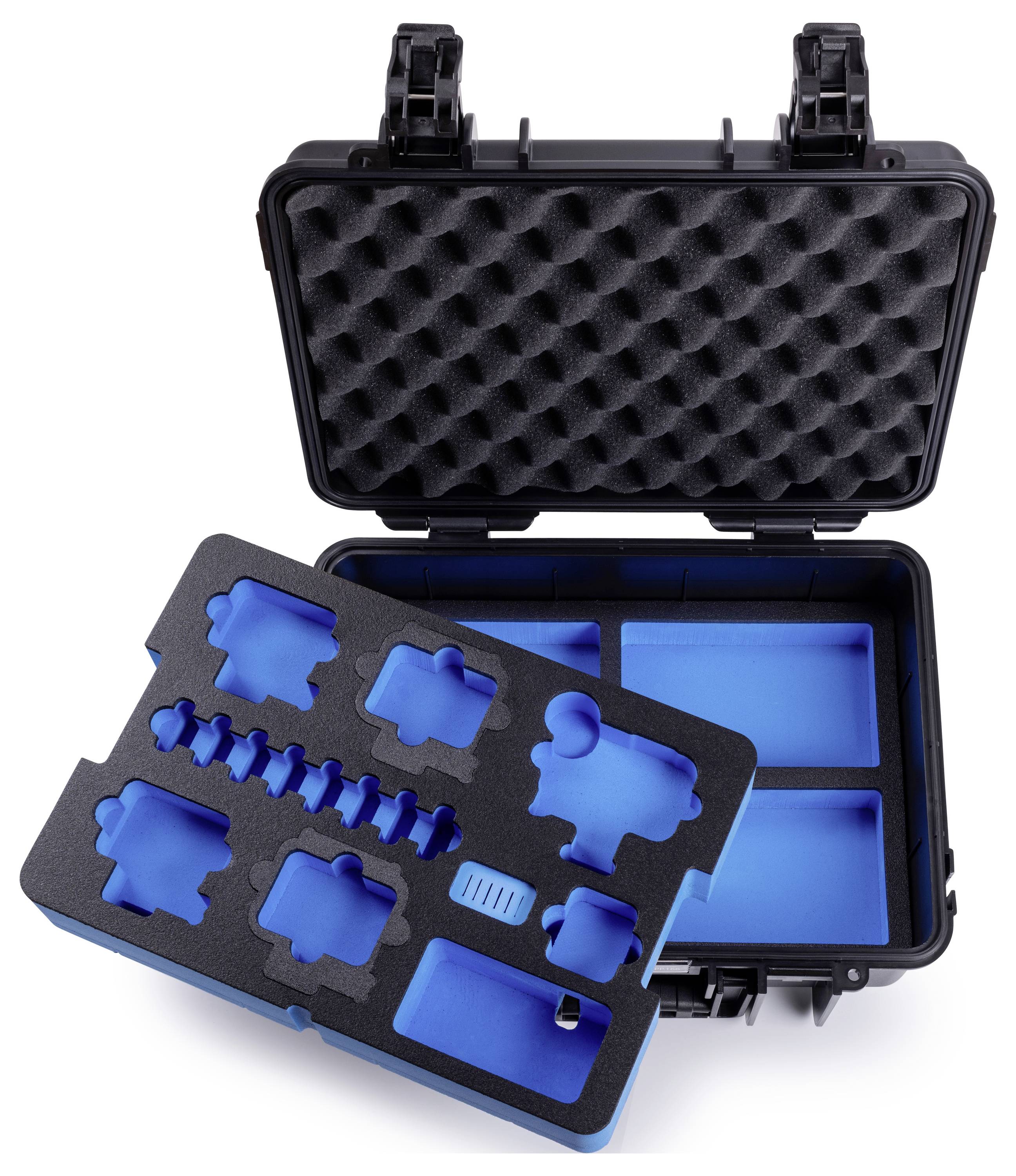 Eine schwarze Schutzbox mit blauen Schaumstoffeinsätzen und Aussparungen zum sicheren Halten verschiedener Werkzeuge oder Ausrüstungsgegenstände. Der Deckel der Box ist geöffnet.
