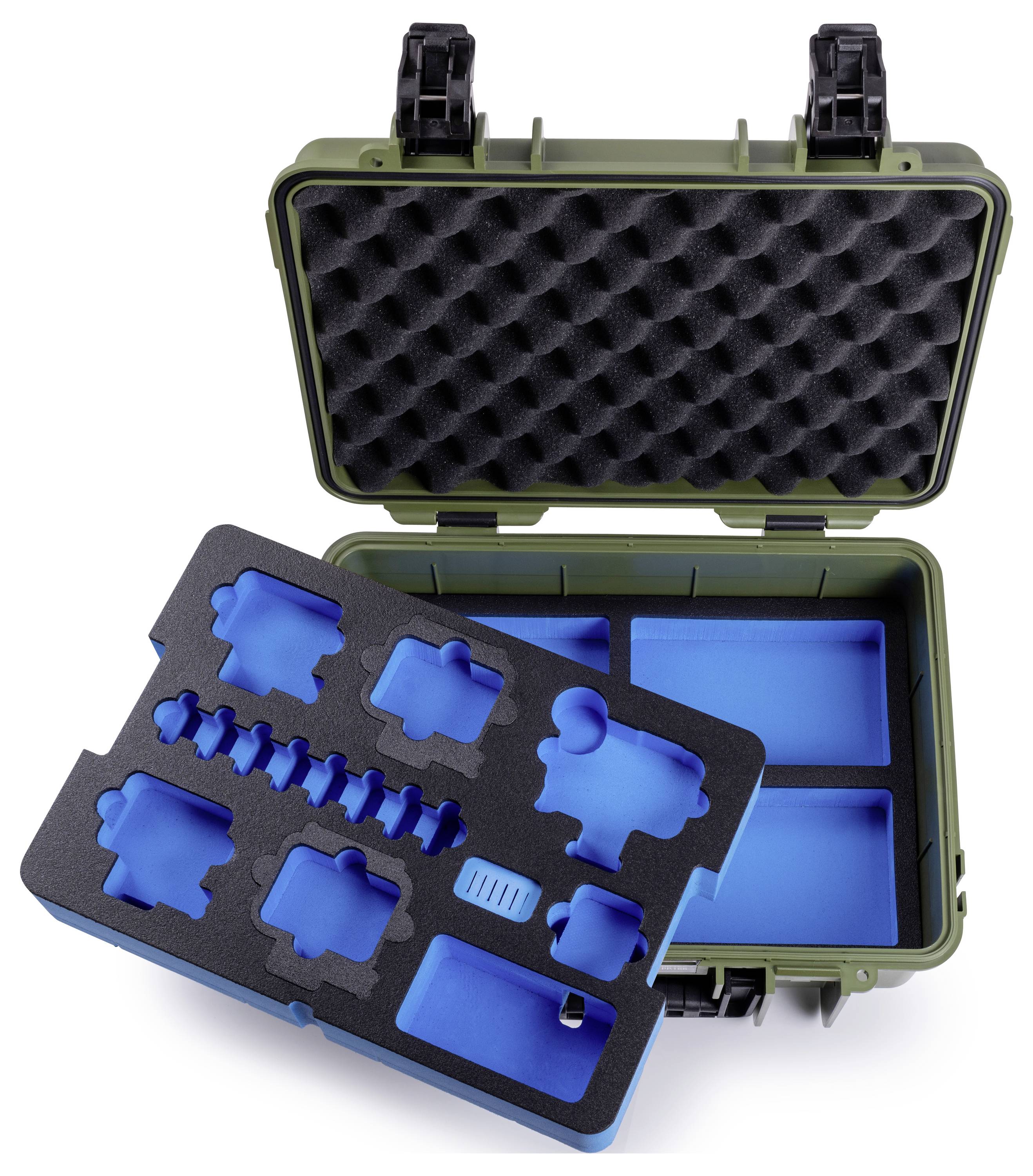 Grüne Schutzbox mit blauem Schaumstoffeinsatz, der Ausschnitte für Ausrüstung aufweist. Die Kiste ist entwickelt zum sicheren Aufbewahren und Organisieren von Werkzeugen.