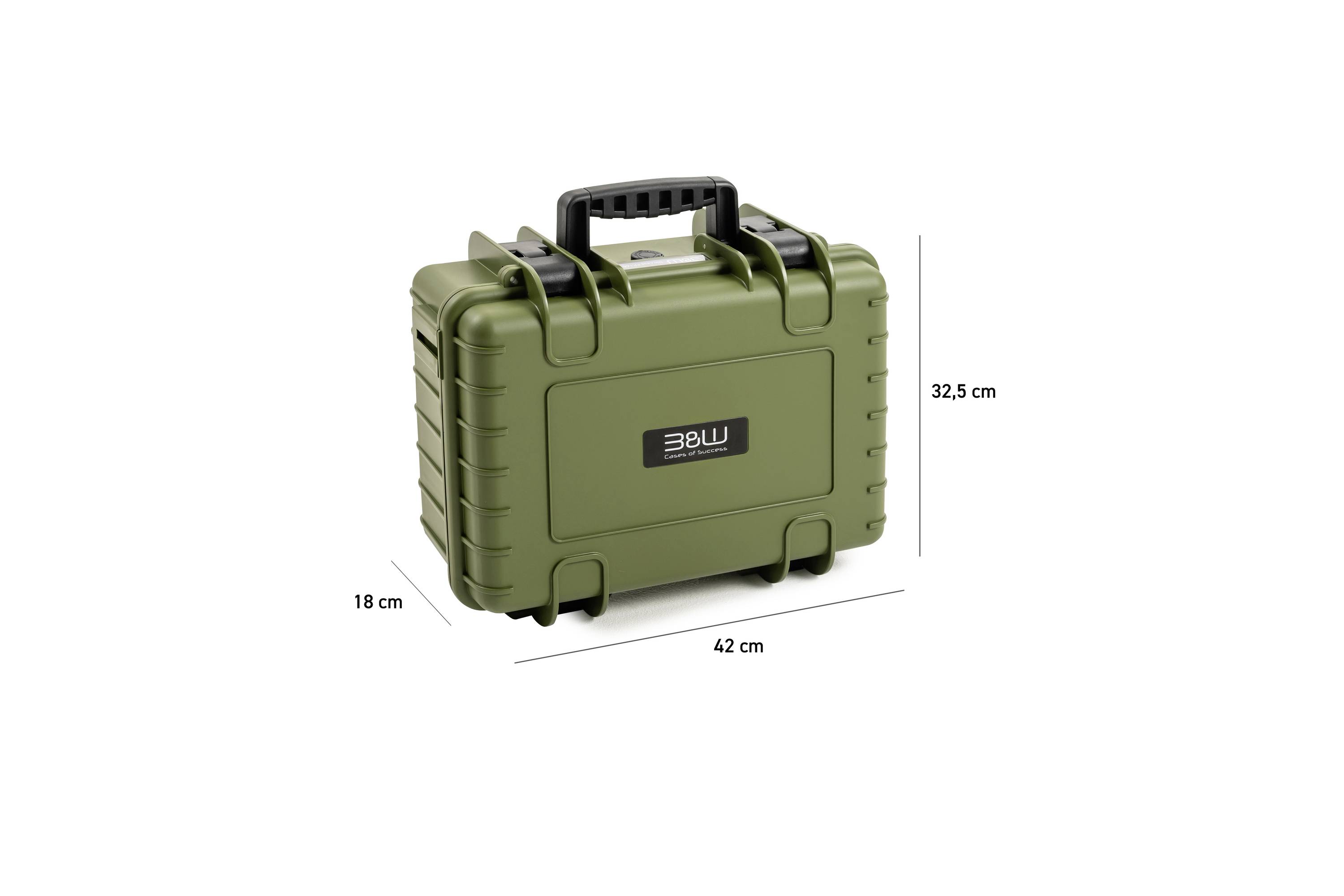 Ein grüner Schutzkoffer mit Griff, beschriftet mit '3BW', mit den Maßen 18 cm x 42 cm x 32,5 cm.
