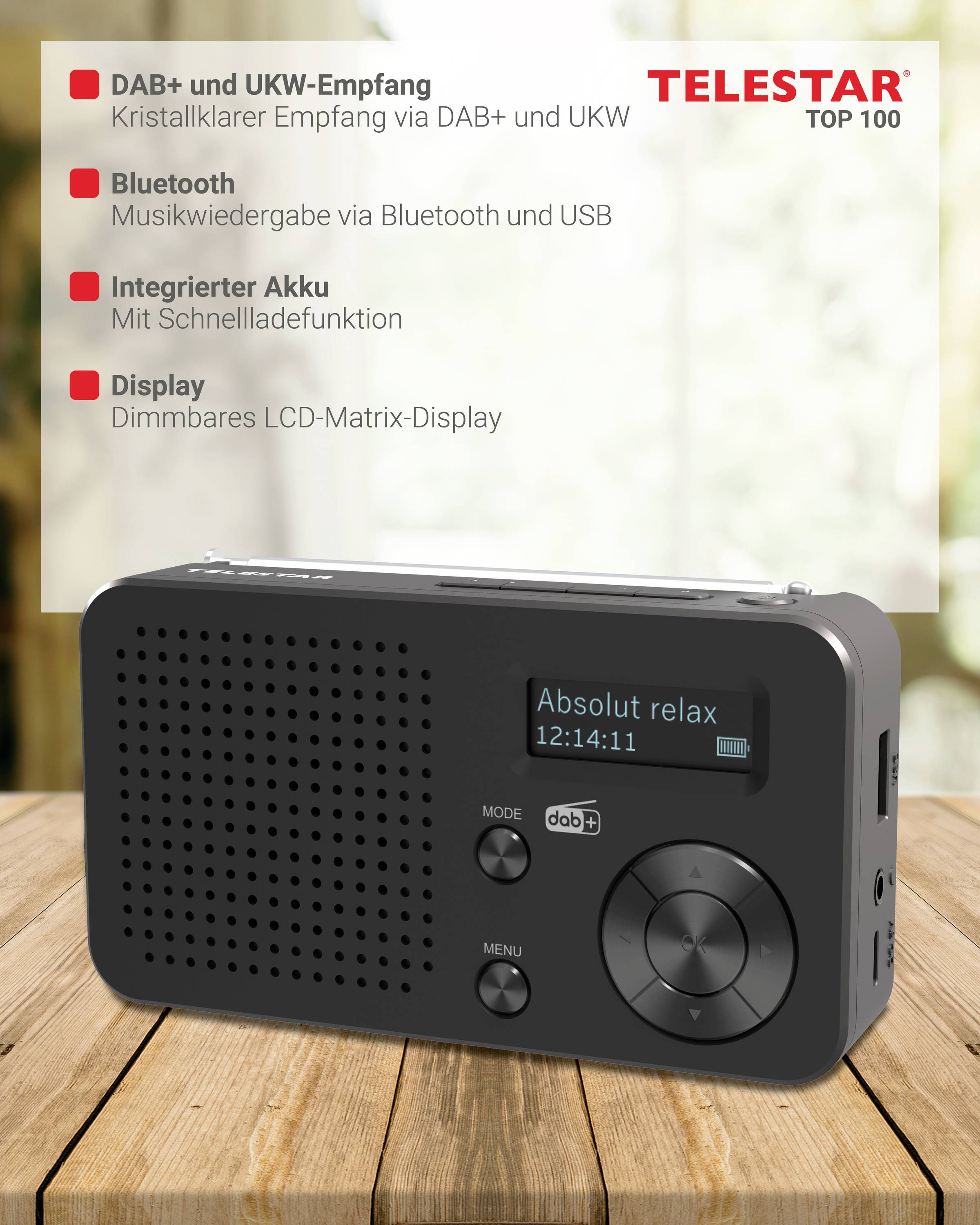 Telestar TELESTAR TOP 100 Schwarz Akku-Radio DAB+, UKW Bluetooth®, USB Akku-Ladefunktion, wiederaufladbar, Weckfunktion Schwarz