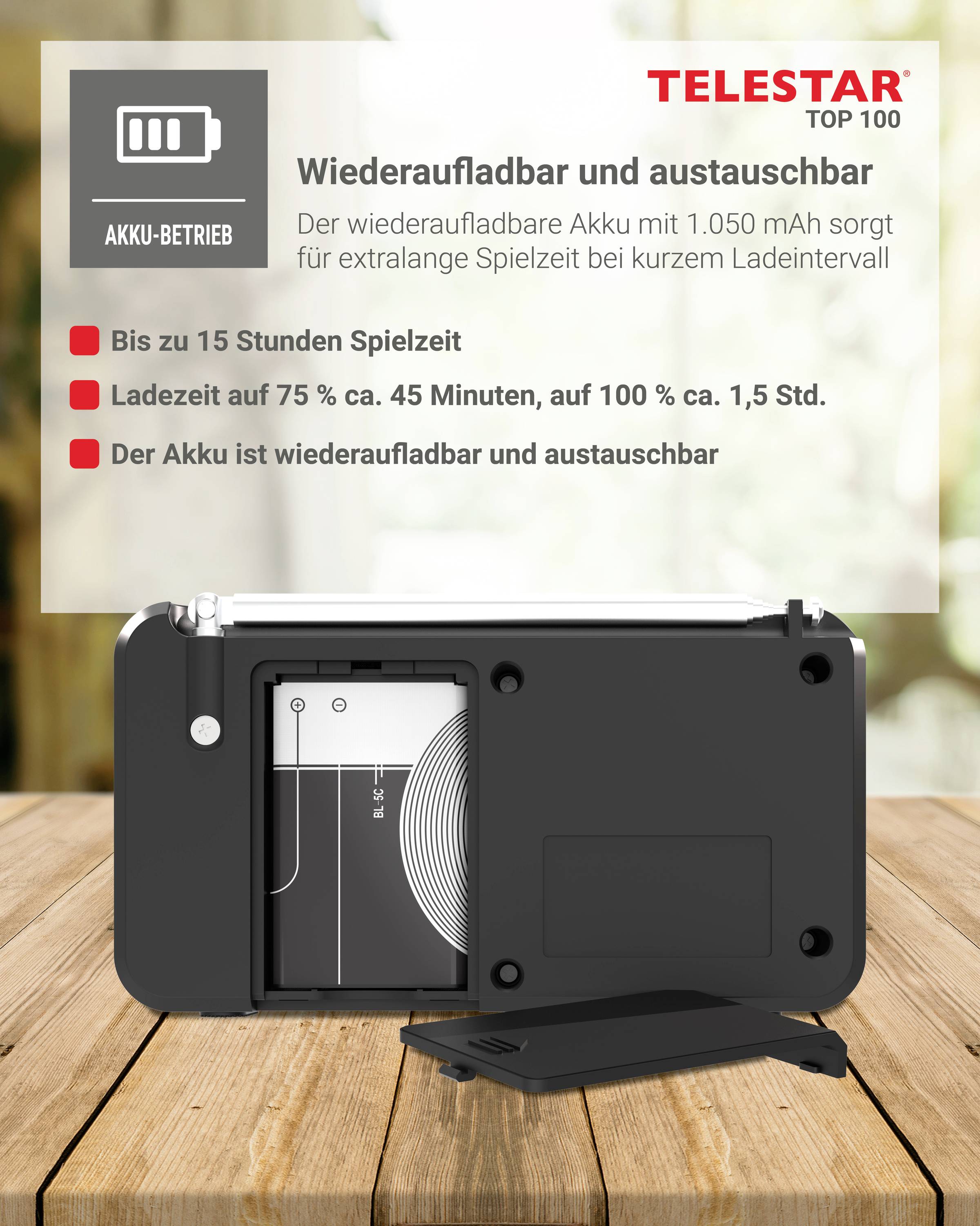 Telestar TOP 100 Schwarz Akku-Radio DAB+, UKW Bluetooth®, USB Akku-Ladefunktion, wiederaufladbar, Weckfunktion Schwarz