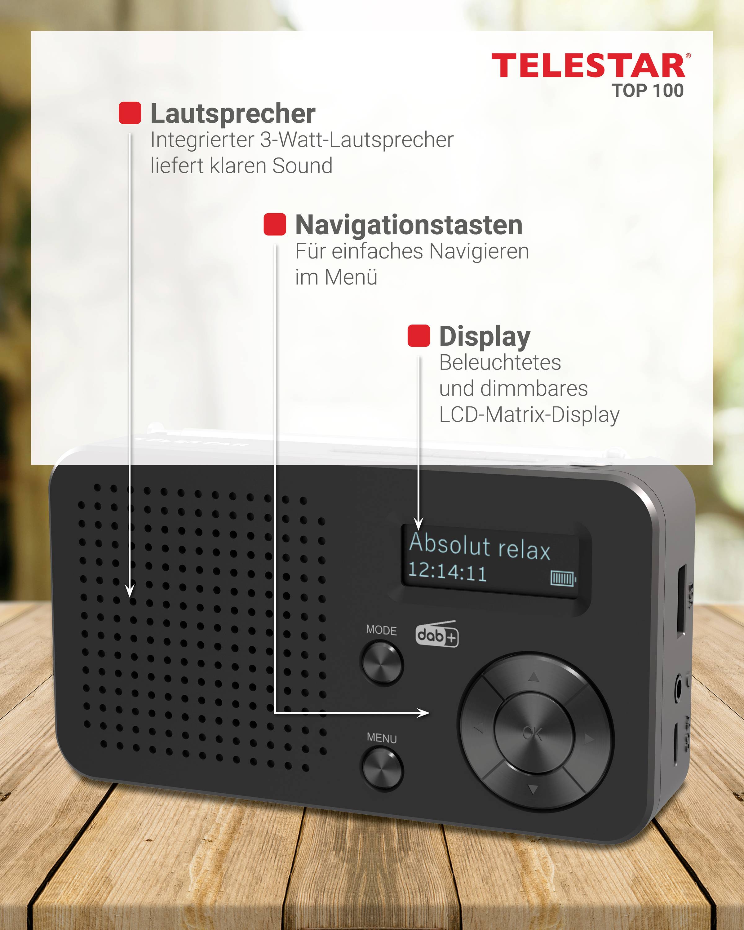 Telestar TELESTAR TOP 100 Schwarz Akku-Radio DAB+, UKW Bluetooth®, USB Akku-Ladefunktion, wiederaufladbar, Weckfunktion Schwarz