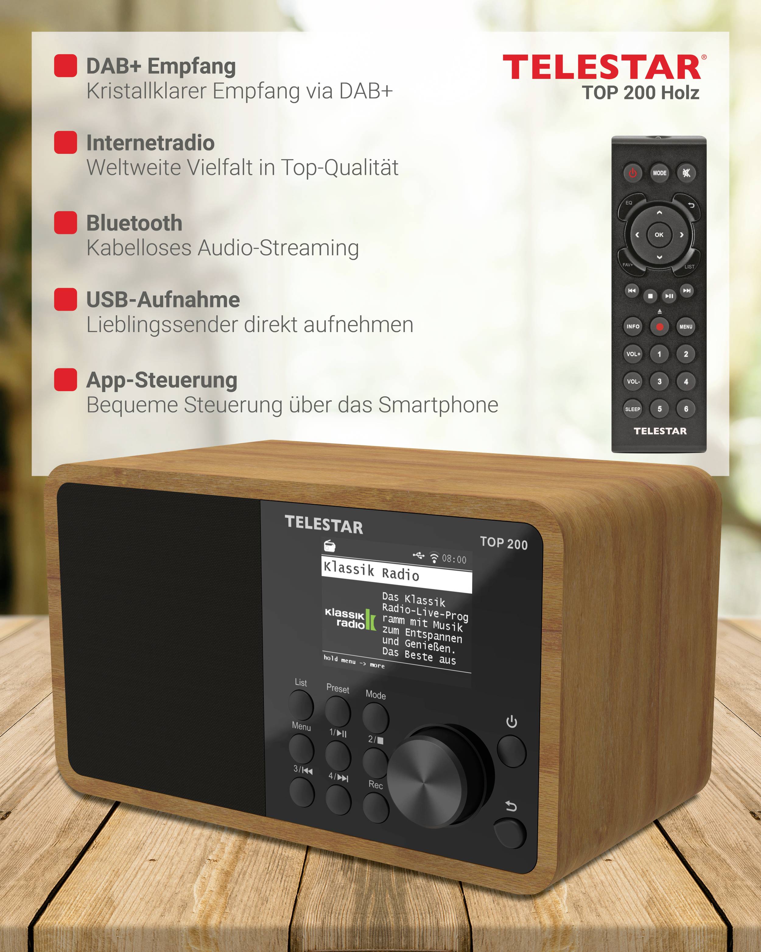 Telestar TOP 200 Holz Internet Kofferradio Internet, DAB+, UKW Bluetooth®, USB, WLAN, AUX Holz