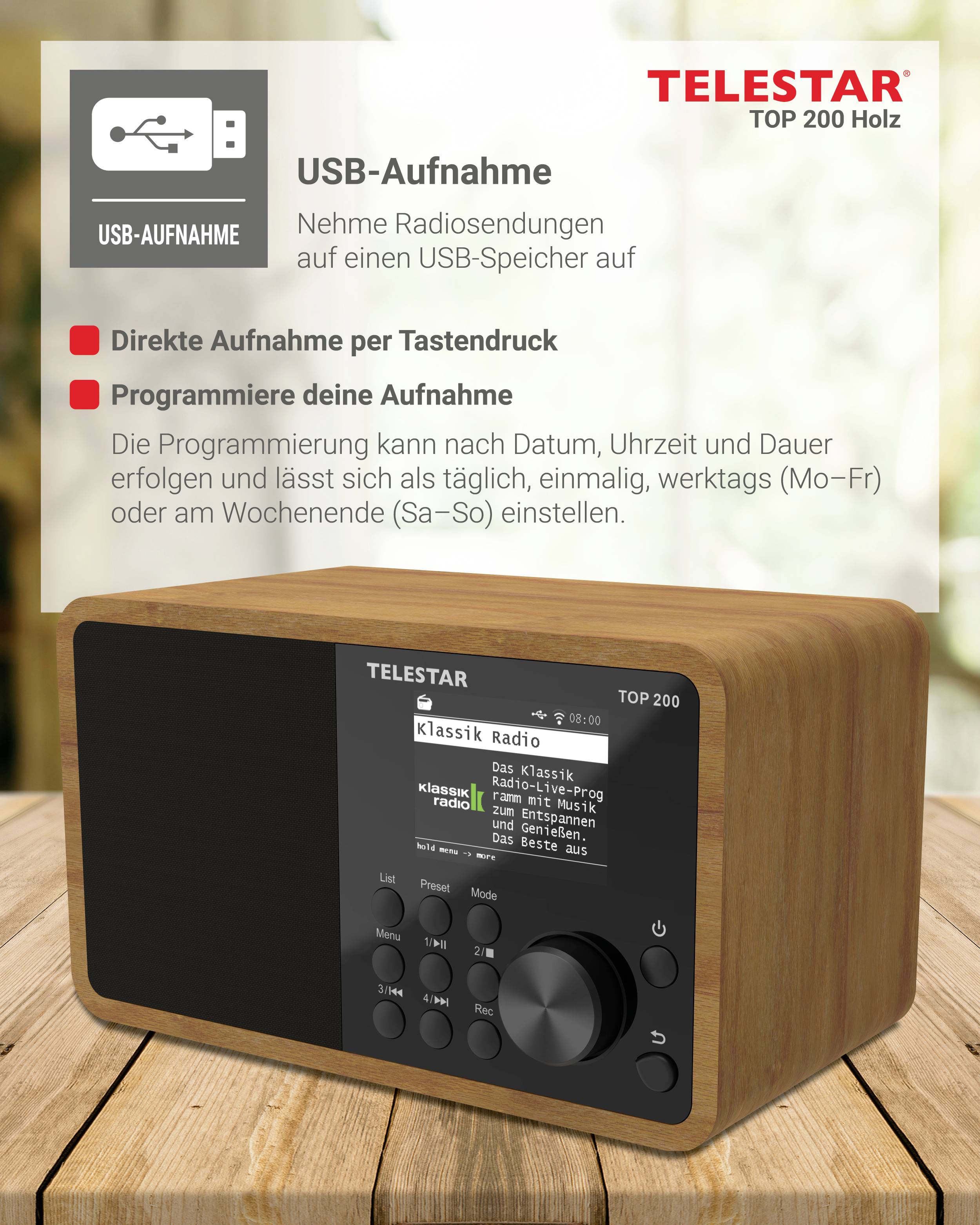 Telestar TOP 200 Holz Internet Kofferradio Internet, DAB+, UKW Bluetooth®, USB, WLAN, AUX Holz