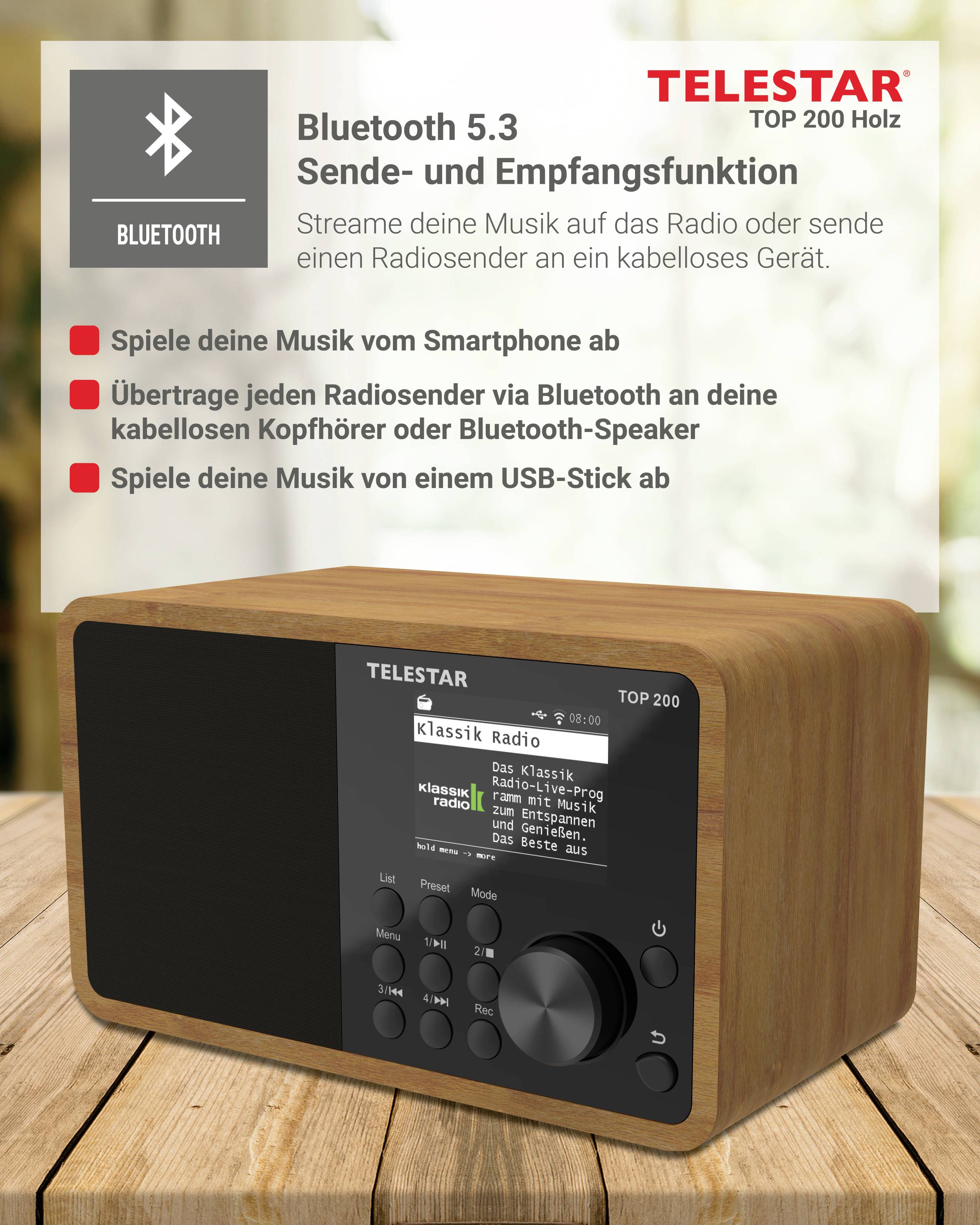 Telestar TOP 200 Holz Internet Kofferradio Internet, DAB+, UKW Bluetooth®, USB, WLAN, AUX Holz