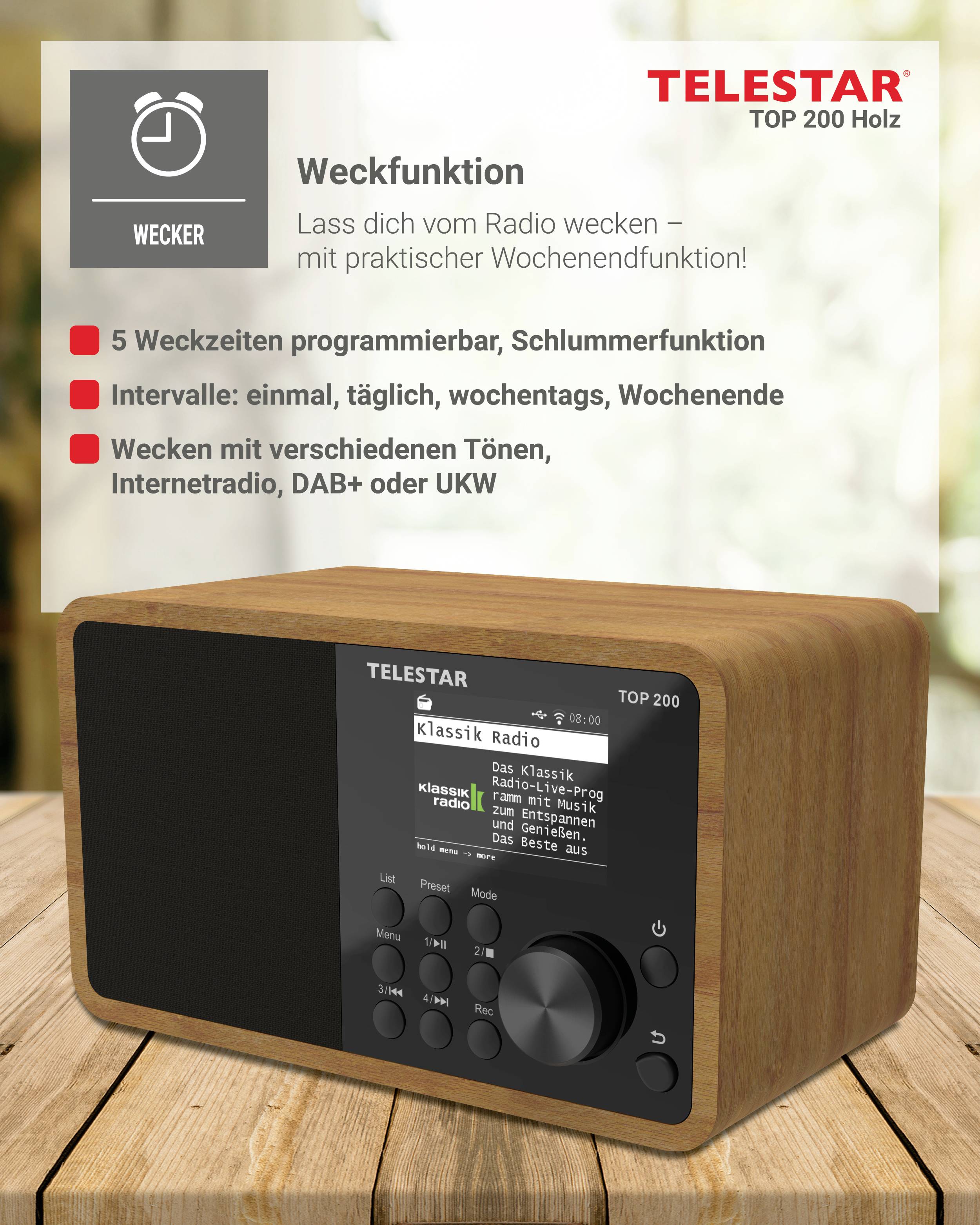 Telestar TOP 200 Holz Internet Kofferradio Internet, DAB+, UKW Bluetooth®, USB, WLAN, AUX Holz