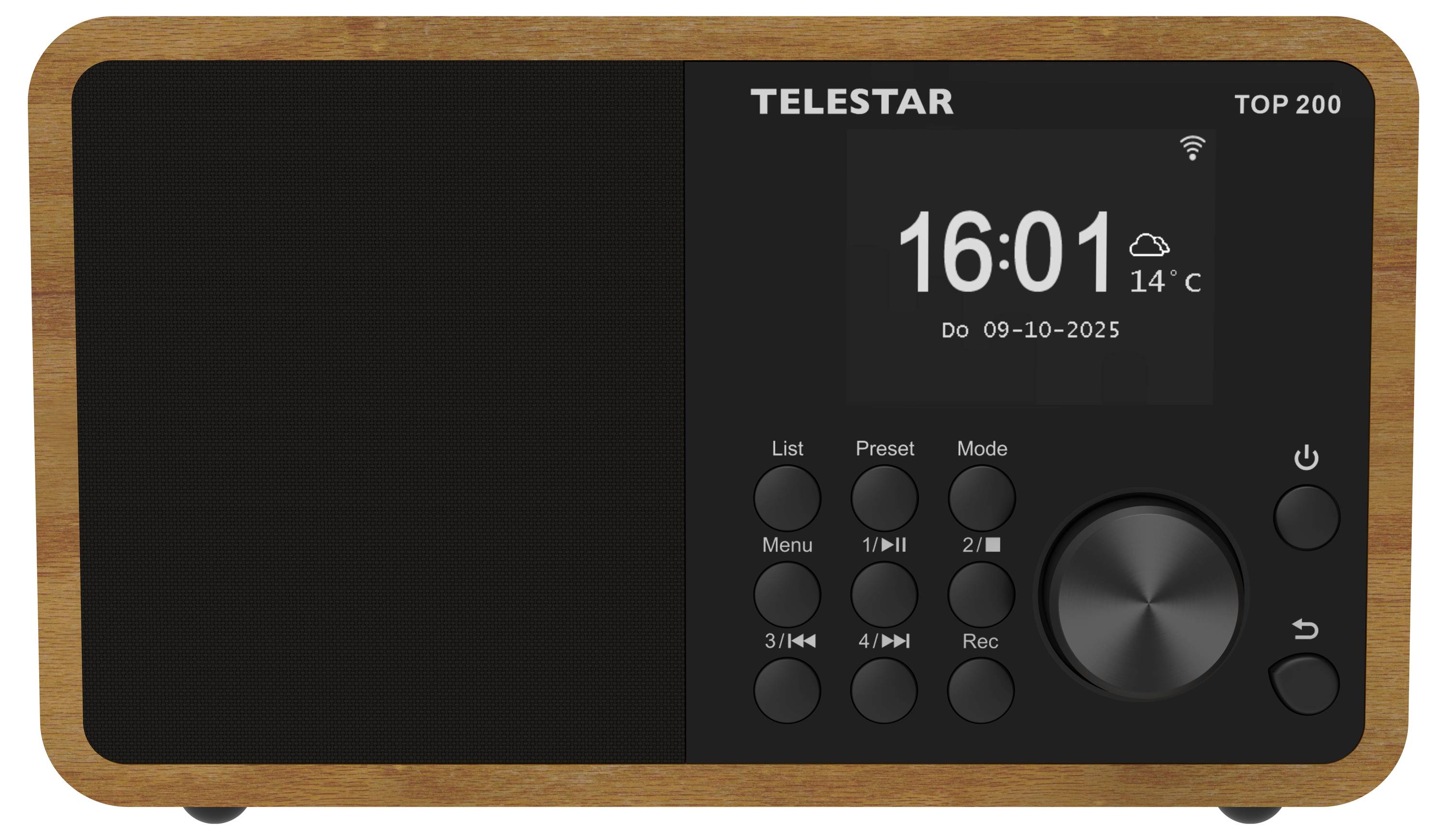 Ein digitales Radio mit einem Holzrahmen, auf dem '16:01, Do 09-10-2025' angezeigt wird, sowie die aktuelle Temperatur '14°C'. Mehrere Bedienknöpfe sind sichtbar.