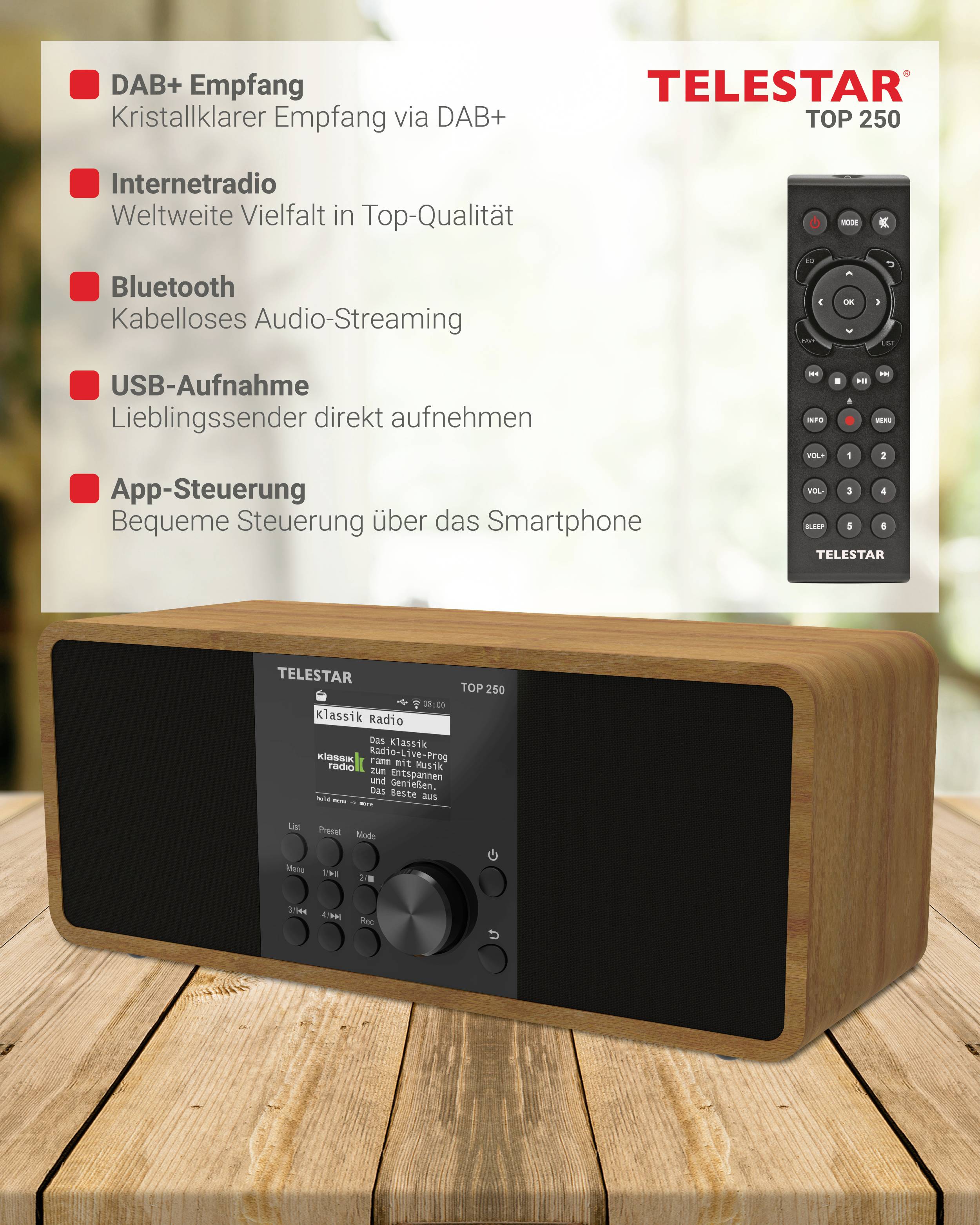 TELESTAR TOP 250 Radio und Fernbedienung auf einem Holztisch. Mit DAB+-Empfang, Internetradio, Bluetooth, USB-Aufnahme und App-Steuerung.