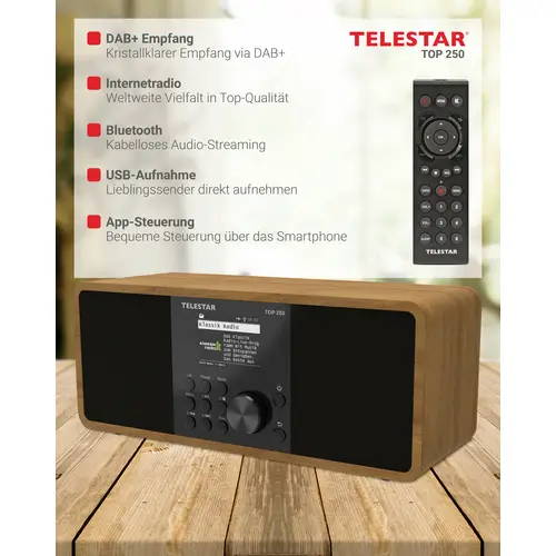 Telestar TOP 250 Holz Internet Kofferradio DAB+, Internet, UKW WLAN, USB, UKW, Internetradio, DAB+, Bluetooth® Holz Telestar TOP 250 Holz Internet Kofferradio DAB+, Internet, UKW WLAN, USB, UKW, Internetradio, DAB+, Bluetooth® Holz