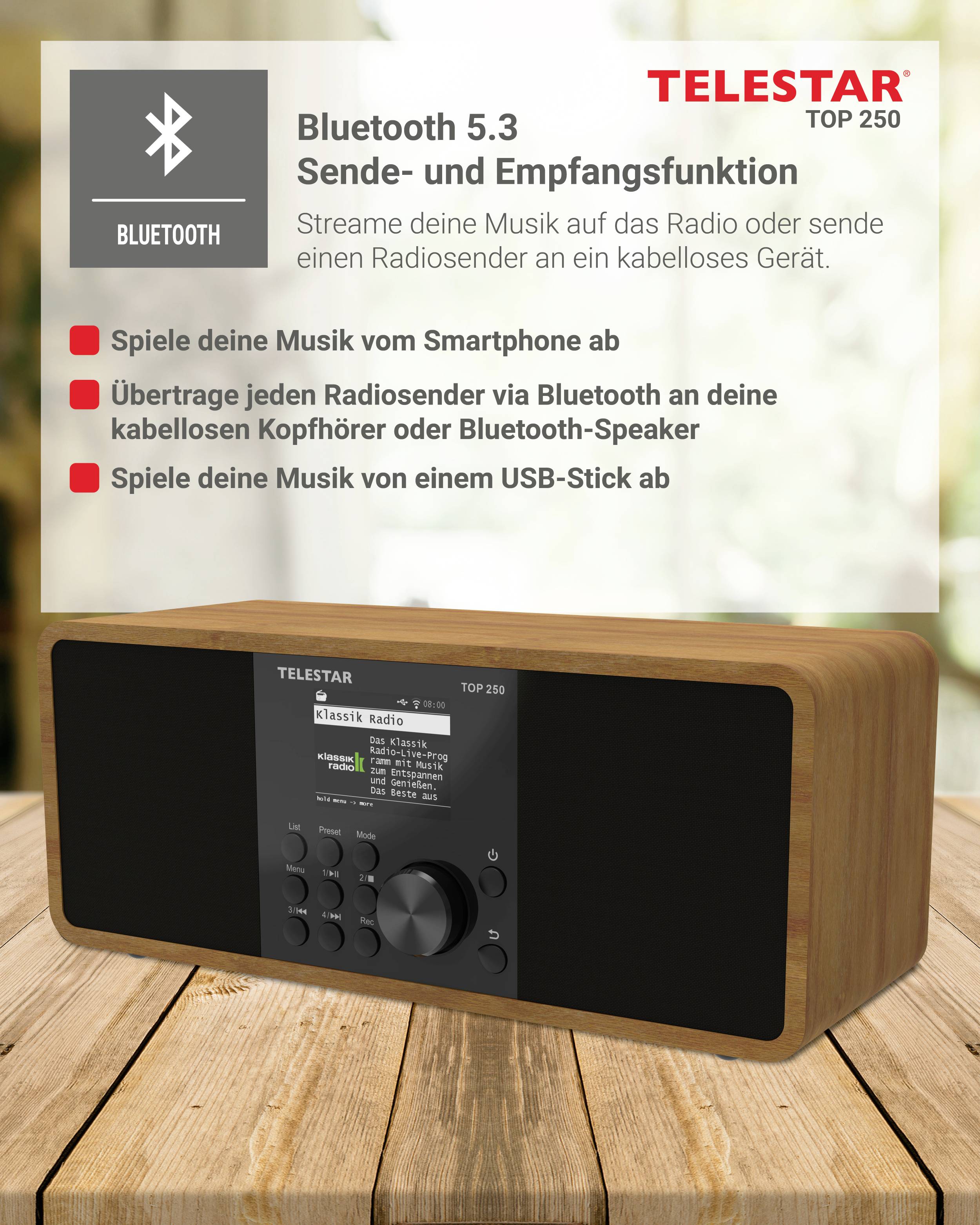 Ein Holzradio mit Bluetooth 5.3-Technologie. Texthervorhebungen zeigen Musikstreaming von Smartphones, Radios oder USB-Sticks zu Bluetooth-Lautsprechern.