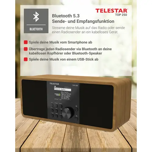 Telestar TOP 250 Holz Internet Kofferradio DAB+, Internet, UKW WLAN, USB, UKW, Internetradio, DAB+, Bluetooth® Holz Telestar TOP 250 Holz Internet Kofferradio DAB+, Internet, UKW WLAN, USB, UKW, Internetradio, DAB+, Bluetooth® Holz