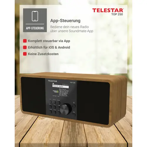 Telestar TOP 250 Holz Internet Kofferradio DAB+, Internet, UKW WLAN, USB, UKW, Internetradio, DAB+, Bluetooth® Holz Telestar TOP 250 Holz Internet Kofferradio DAB+, Internet, UKW WLAN, USB, UKW, Internetradio, DAB+, Bluetooth® Holz