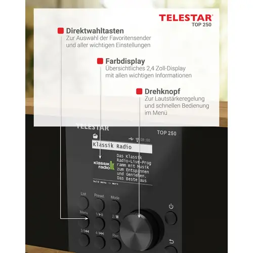 Telestar TOP 250 Holz Internet Kofferradio DAB+, Internet, UKW WLAN, USB, UKW, Internetradio, DAB+, Bluetooth® Holz Telestar TOP 250 Holz Internet Kofferradio DAB+, Internet, UKW WLAN, USB, UKW, Internetradio, DAB+, Bluetooth® Holz