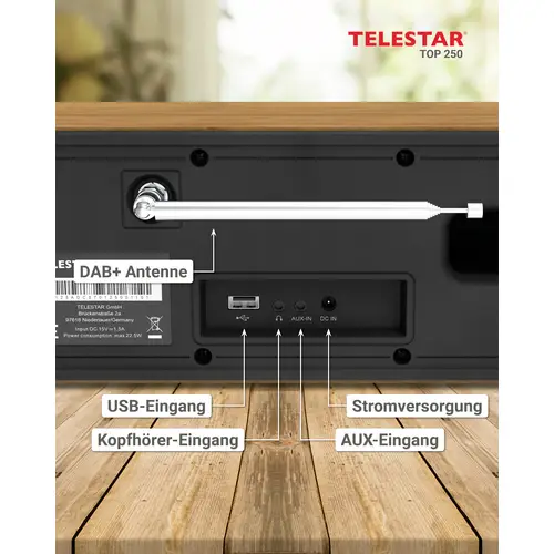 Telestar TOP 250 Holz Internet Kofferradio DAB+, Internet, UKW WLAN, USB, UKW, Internetradio, DAB+, Bluetooth® Holz Telestar TOP 250 Holz Internet Kofferradio DAB+, Internet, UKW WLAN, USB, UKW, Internetradio, DAB+, Bluetooth® Holz