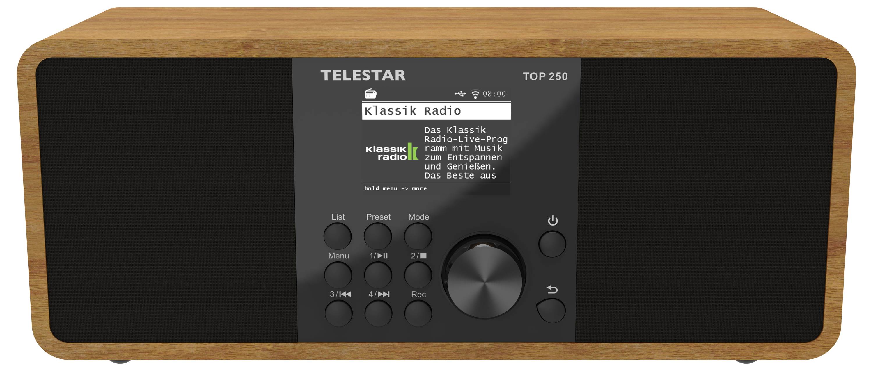 Ein digitales Radio mit Holzgehäuse, beschriftet mit 'TELESTAR TOP 250'. Das Display zeigt 'Klassik Radio', mit Tasten und einem großen zentralen Drehregler.