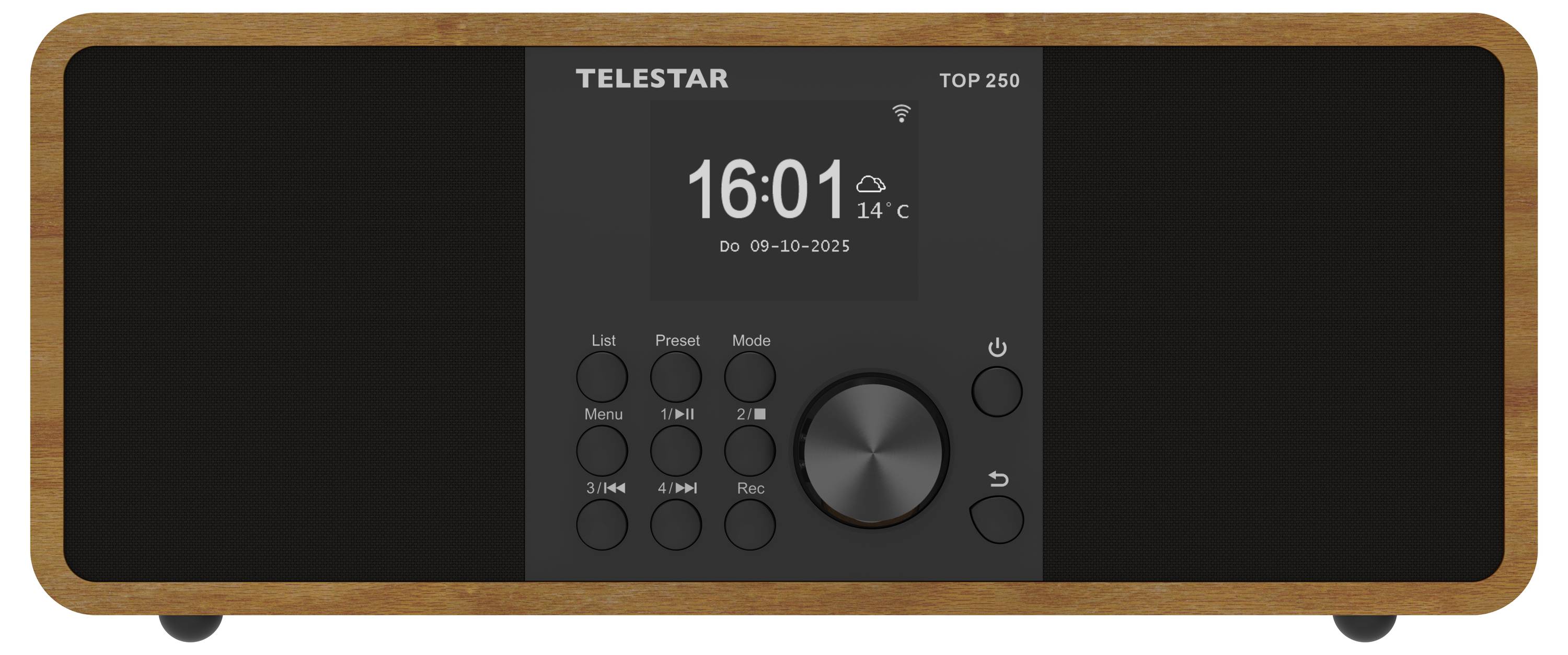Ein digitales Radio mit einem Holzrahmen, auf dessen Display die Uhrzeit '16:01' und die Temperatur '14°C' angezeigt werden. Der Markenname ist oben sichtbar.