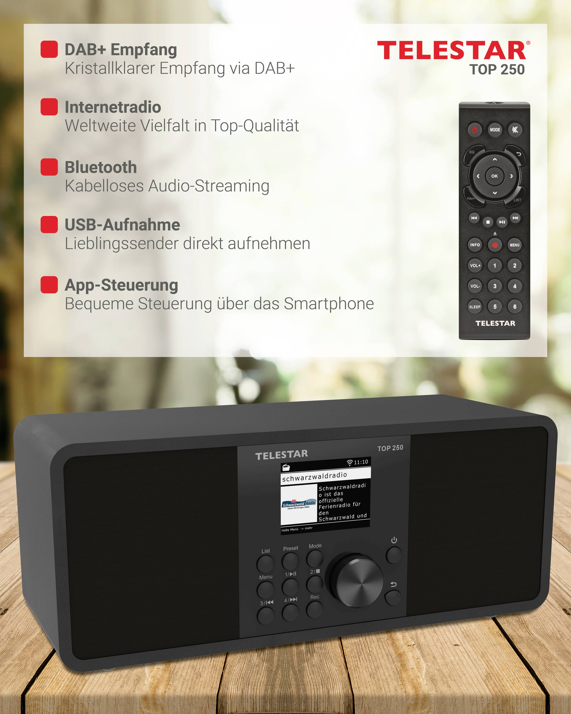 Ein schwarzes Radio mit Bildschirm und mehreren Knöpfen. Rechts daneben eine Fernbedienung. Text beschreibt DAB+, Internetradio, Bluetooth, USB-Aufnahme und App-Steuerung.