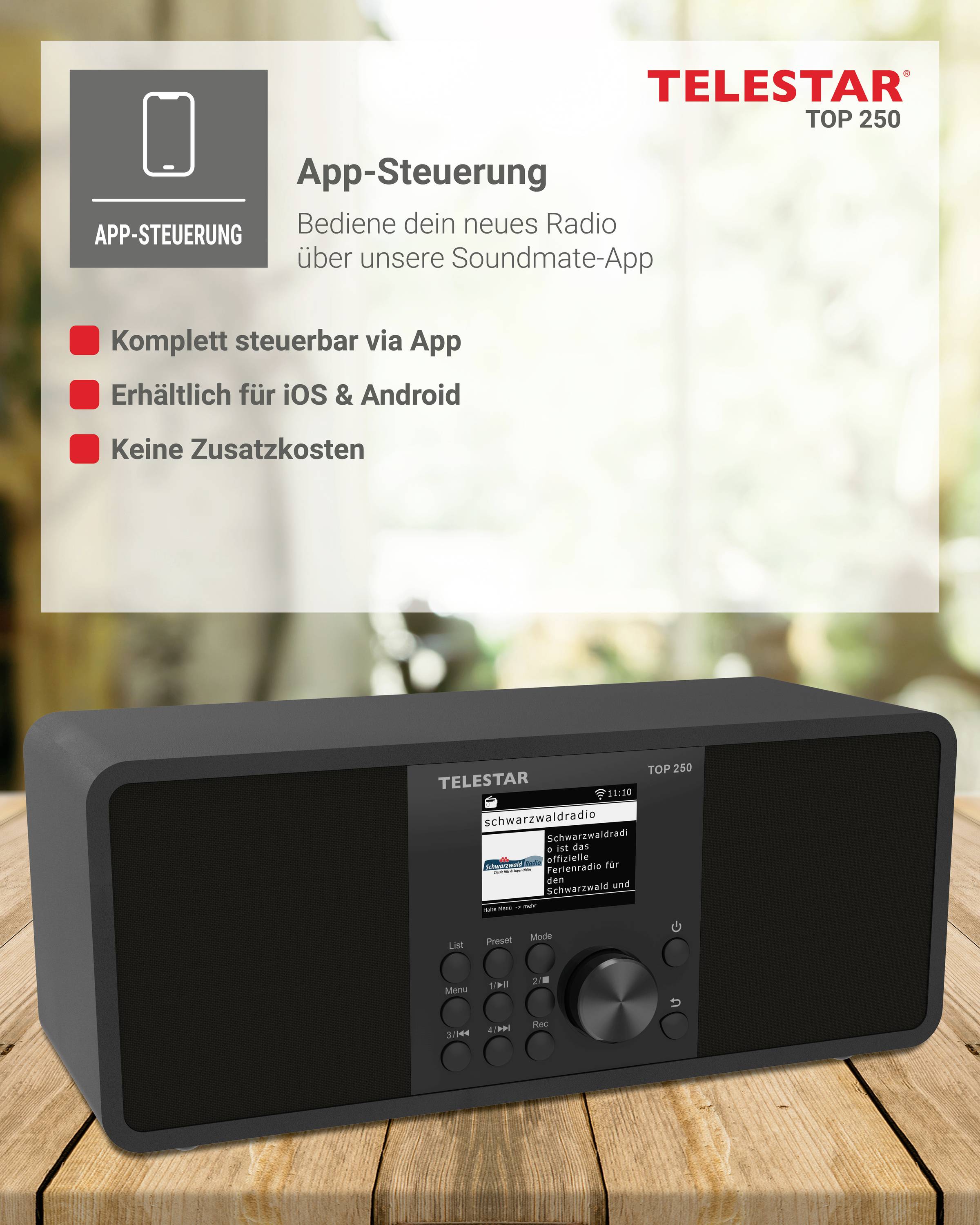 'App-Steuerung: Bediene dein neues Radio über unsere Soundmate-App'. Schwarzes Radio auf Holzfläche, unterstützt iOS und Android. Keine Zusatzkosten.