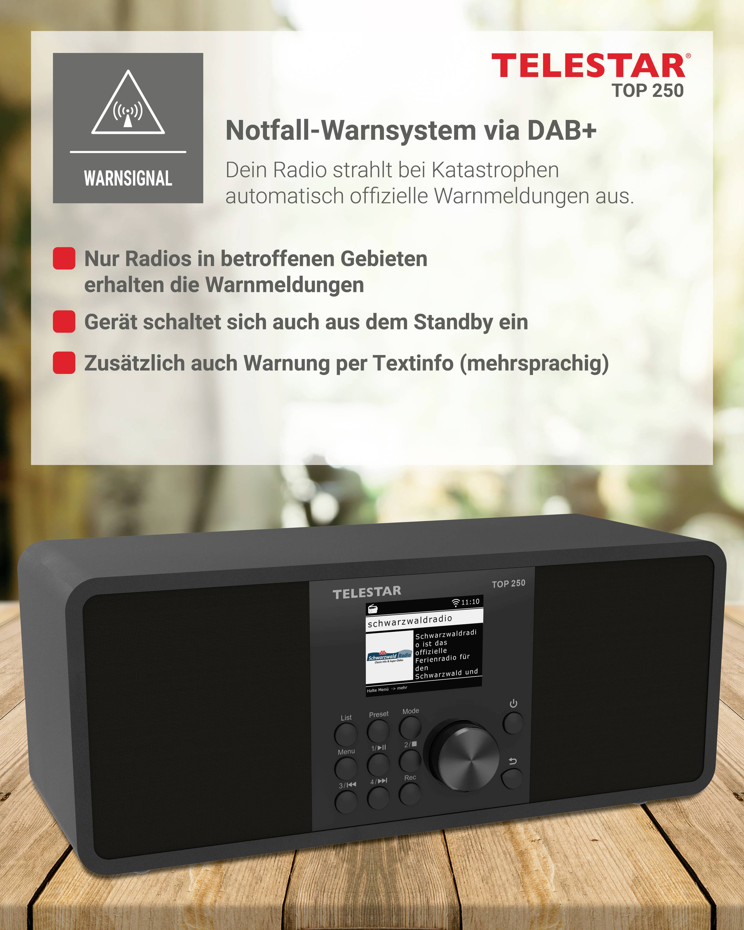 'Notfall-Warnsystem via DAB+' Radio mit Warnsignal-Symbol. Hauptfunktionen: Warnungen in betroffenen Gebieten, automatische Einschaltung, mehrsprachige Info.