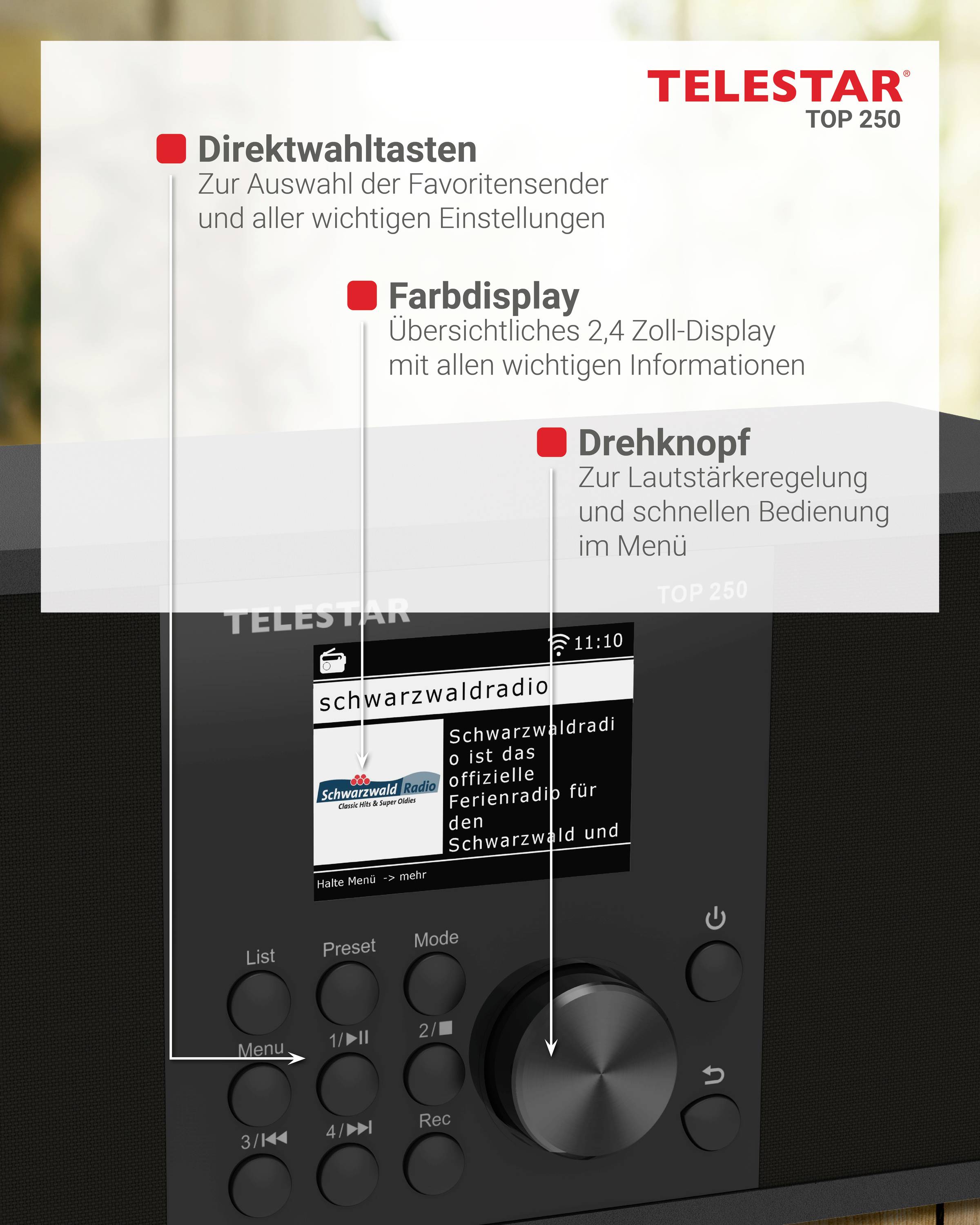 Radiogerät mit Drehknopf für Lautstärke, Farbbildschirm für Informationen und Direktwahltasten für Einstellungen.