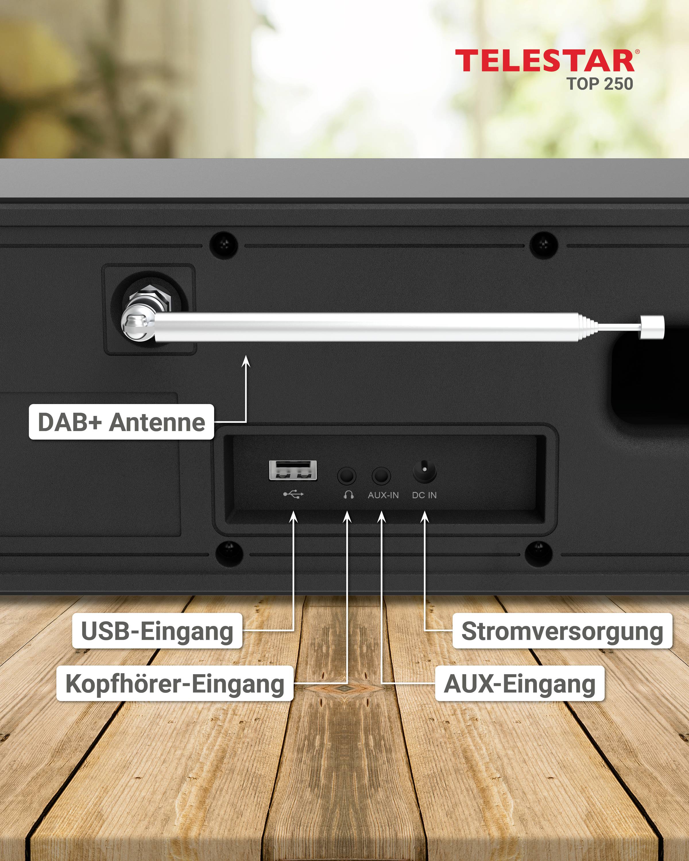 'TELESTAR TOP 250' Radio-Rückseite mit DAB+ Antenne. Zeigt USB-, Kopfhörer-, AUX-Eingänge und Stromversorgung auf einem Holztisch.
