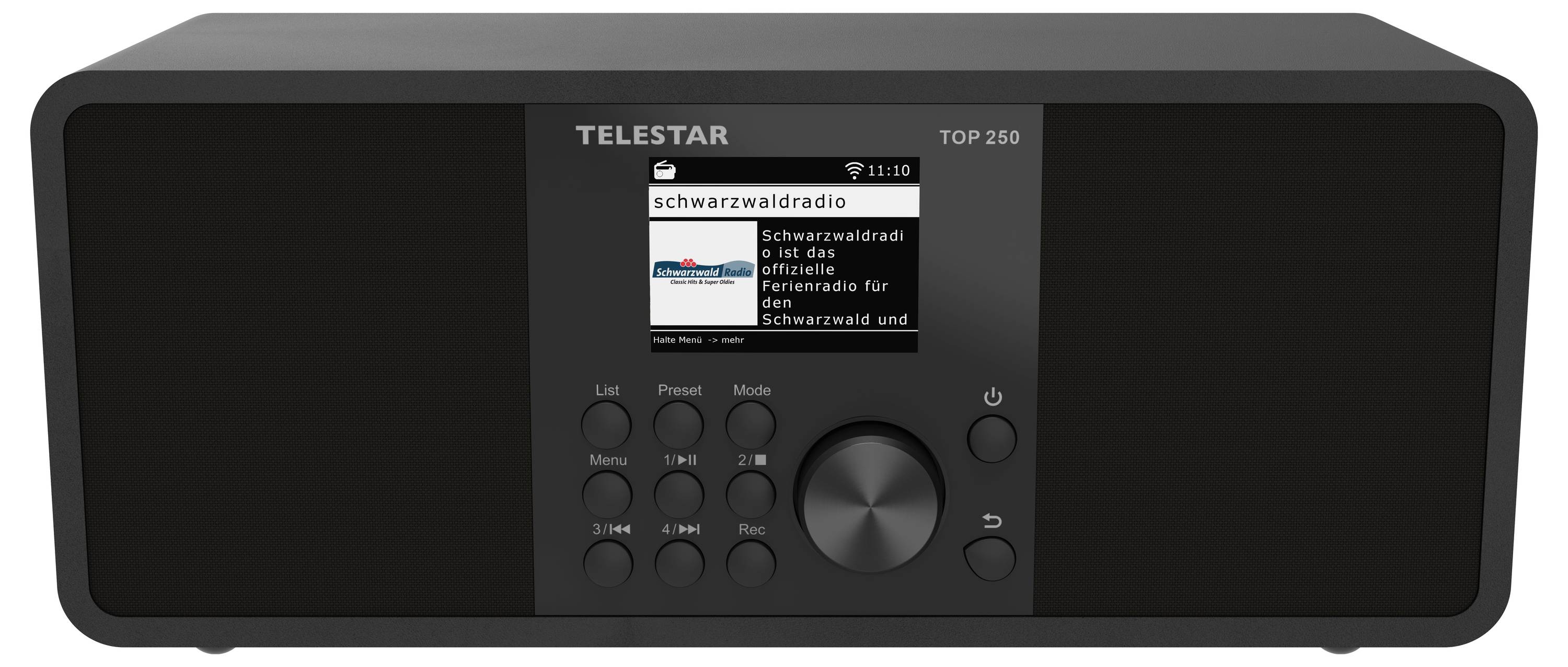 Ein schwarzer digitaler Radioapparat mit einem Display, auf dem der Sender ‚Schwarzwaldradio' zu sehen ist. Das Gerät verfügt über Tasten und einen Lautsprecher auf beiden Seiten.