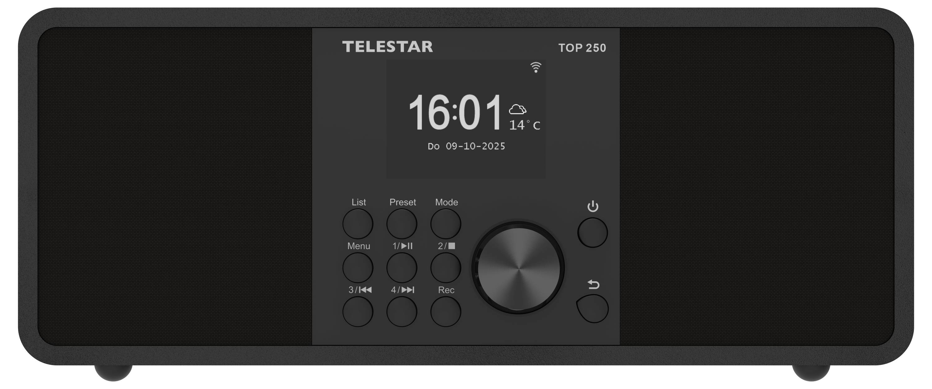 Ein schwarzes digitales Radio mit einem zentralen Display, das '16:01', 14°C und 'Do 09-10-2025' anzeigt. Mit Tasten und einem großen Einstellrädchen.