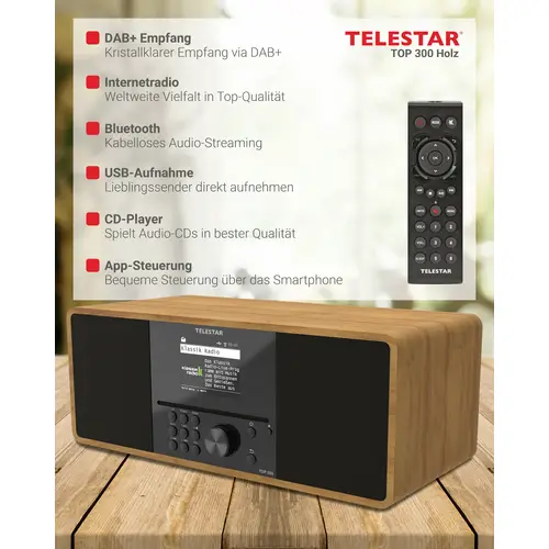 Telestar TOP 300 Holz Internet CD-Radio Internet, DAB+, UKW USB, WLAN, Internetradio, DAB+, CD, Blu Telestar TOP 300 Holz Internet CD-Radio Internet, DAB+, UKW USB, WLAN, Internetradio, DAB+, CD, Blu