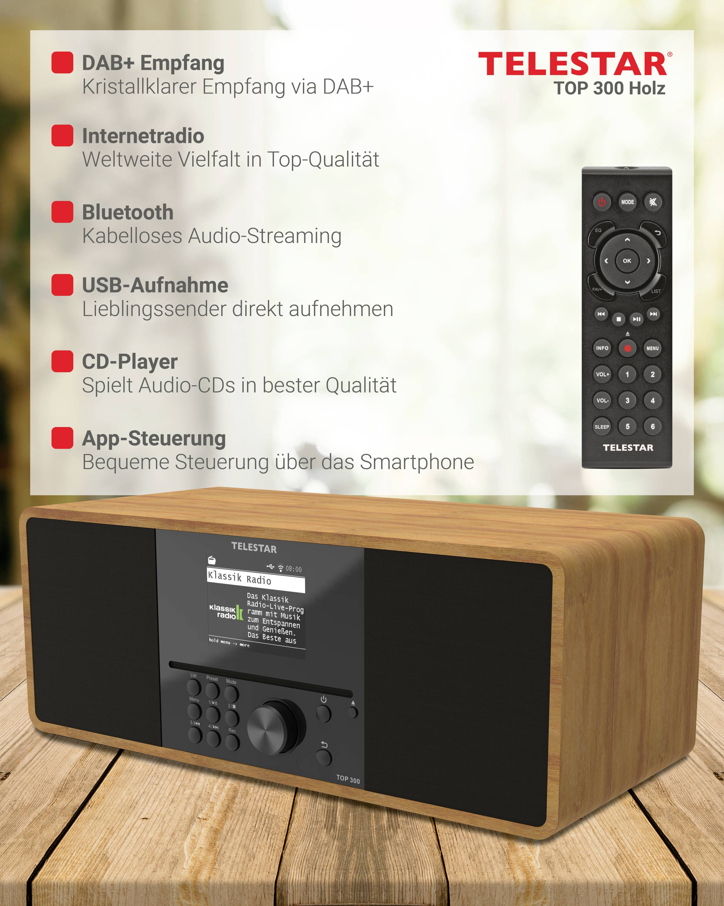 Radio in Holzoptik mit DAB+, Internetradio, Bluetooth, USB, CD-Player und App-Steuerung. Fernbedienung daneben abgebildet.
