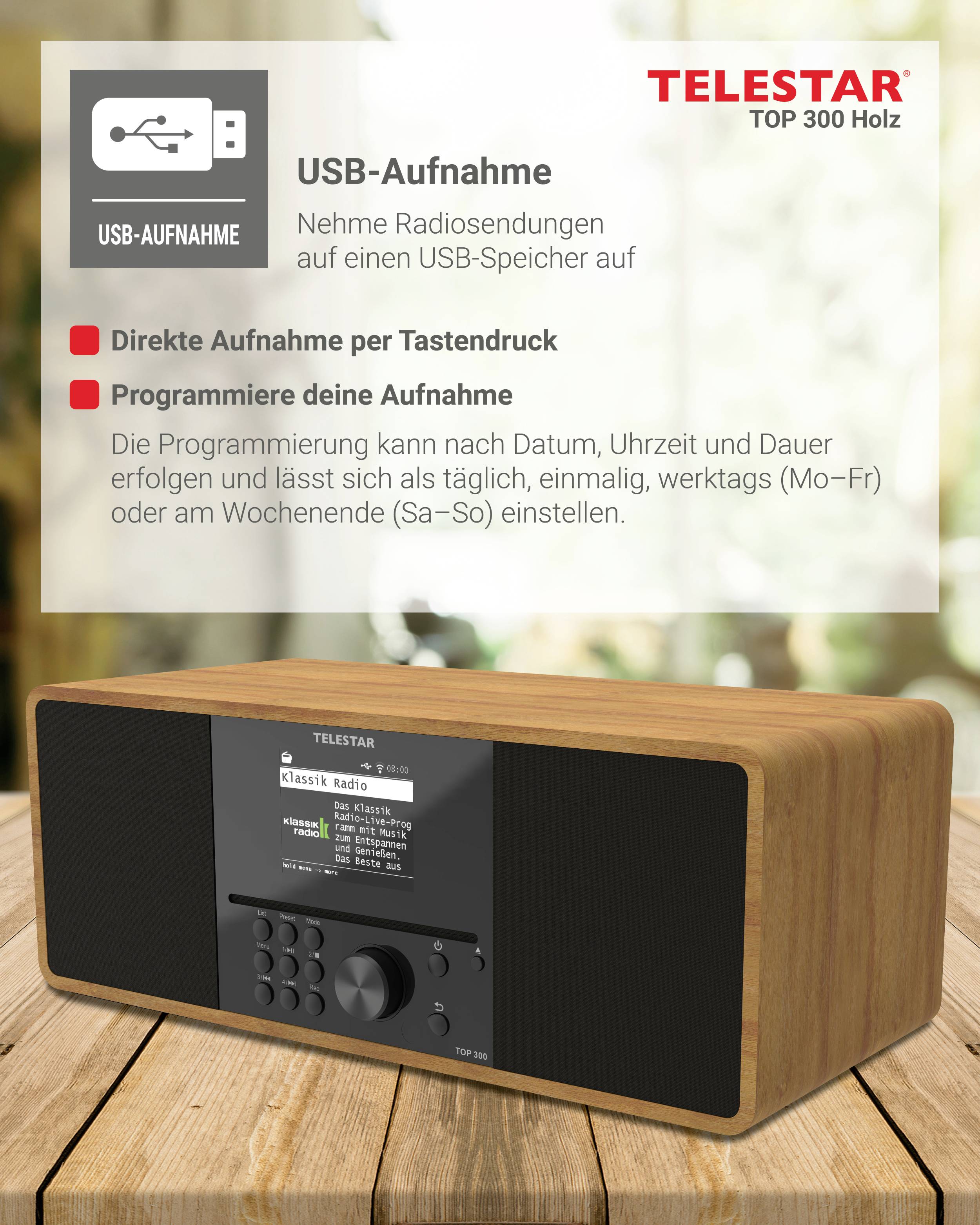 Holzradio mit USB-Aufnahmefunktion. Texte auf dem Bildschirm beschreiben einfache Aufnahme- und Programmieroptionen.