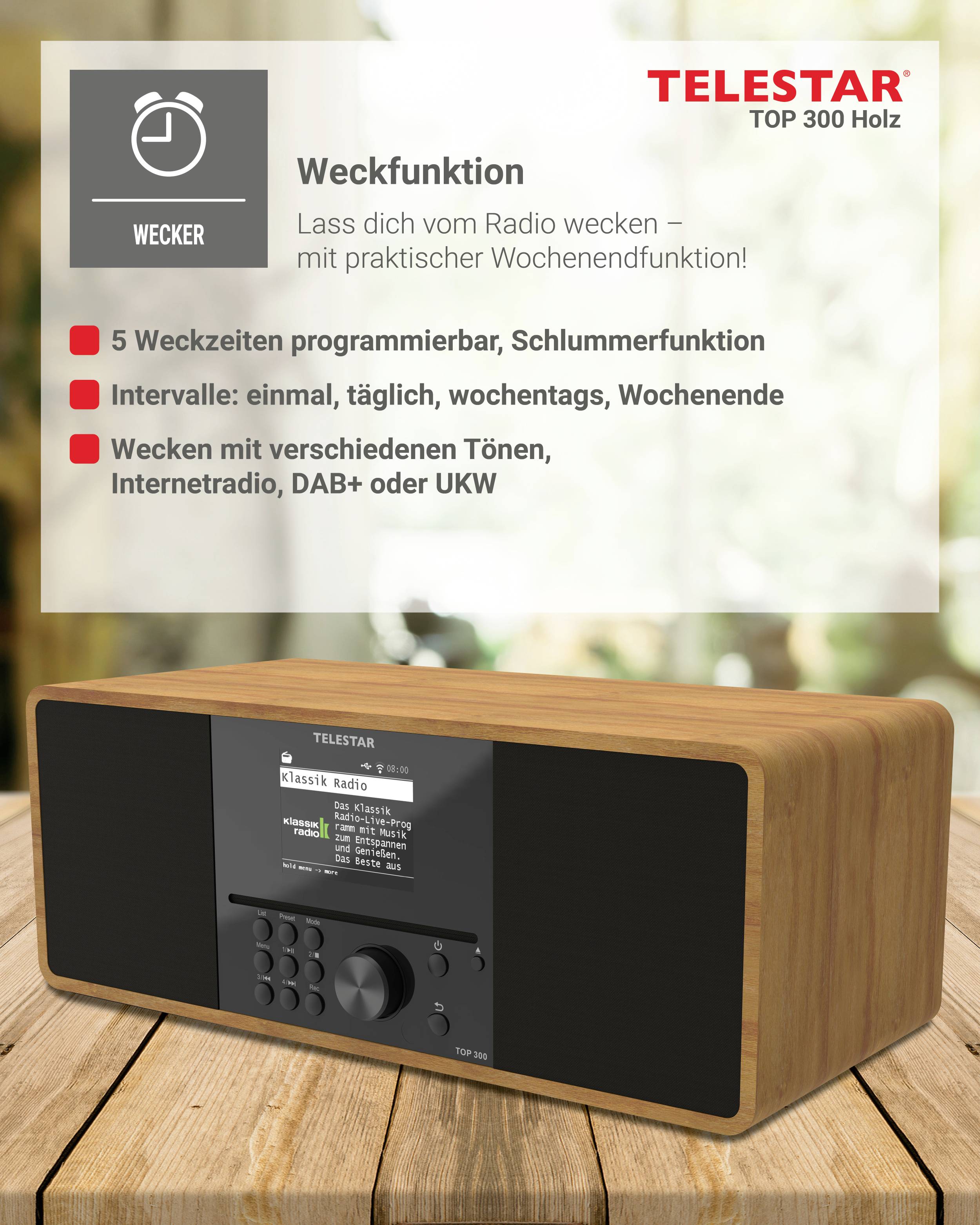 Radio im Holzdesign auf einem Tisch. Text über Weckfunktion, programmierbare Weckzeiten, Schlummerfunktion und Radiotypen.