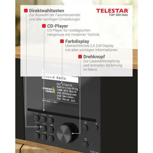 Telestar TOP 300 Holz Internet CD-Radio Internet, DAB+, UKW USB, WLAN, Internetradio, DAB+, CD, Blu Telestar TOP 300 Holz Internet CD-Radio Internet, DAB+, UKW USB, WLAN, Internetradio, DAB+, CD, Blu