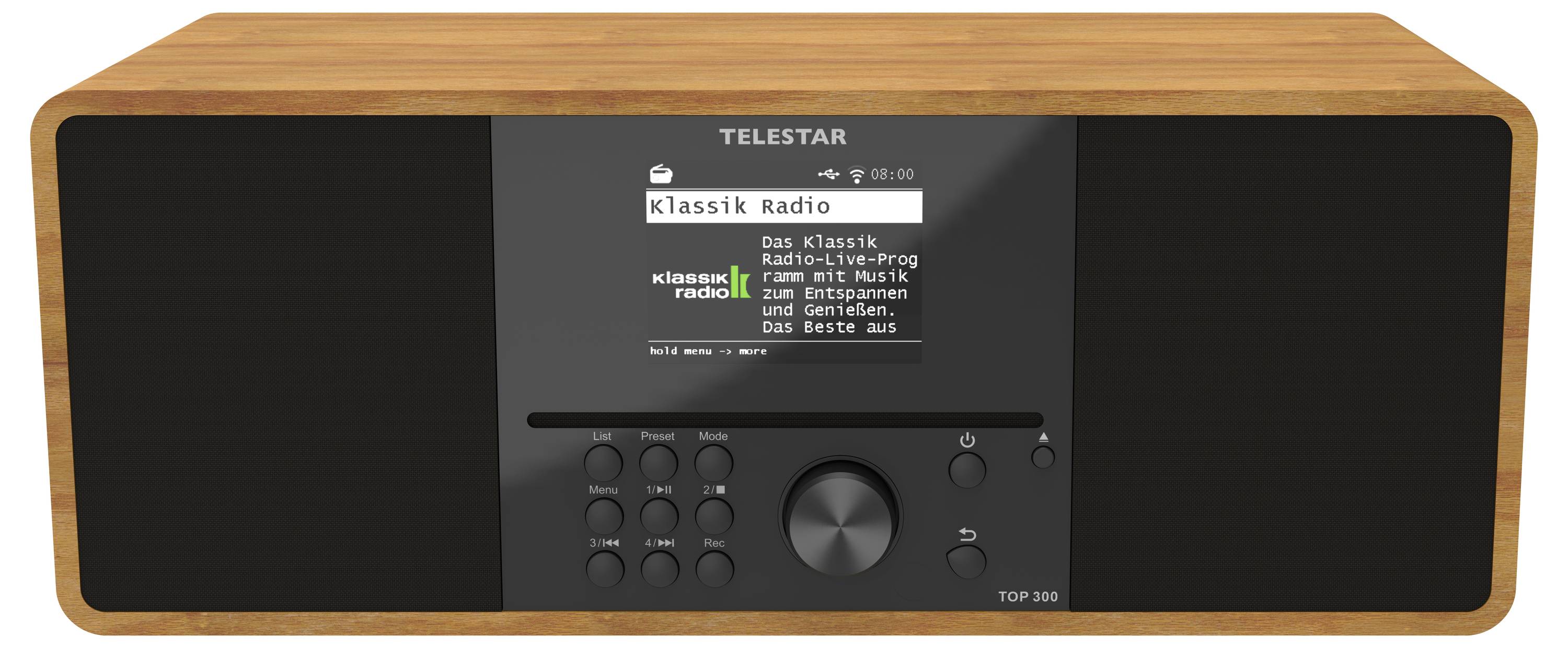 Ein Holzdigitalradio mit der Markenbezeichnung 'Telestar' zeigt auf seinem Display 'Klassik Radio'. Unterhalb des Bildschirms sind Tasten und Drehregler sichtbar.