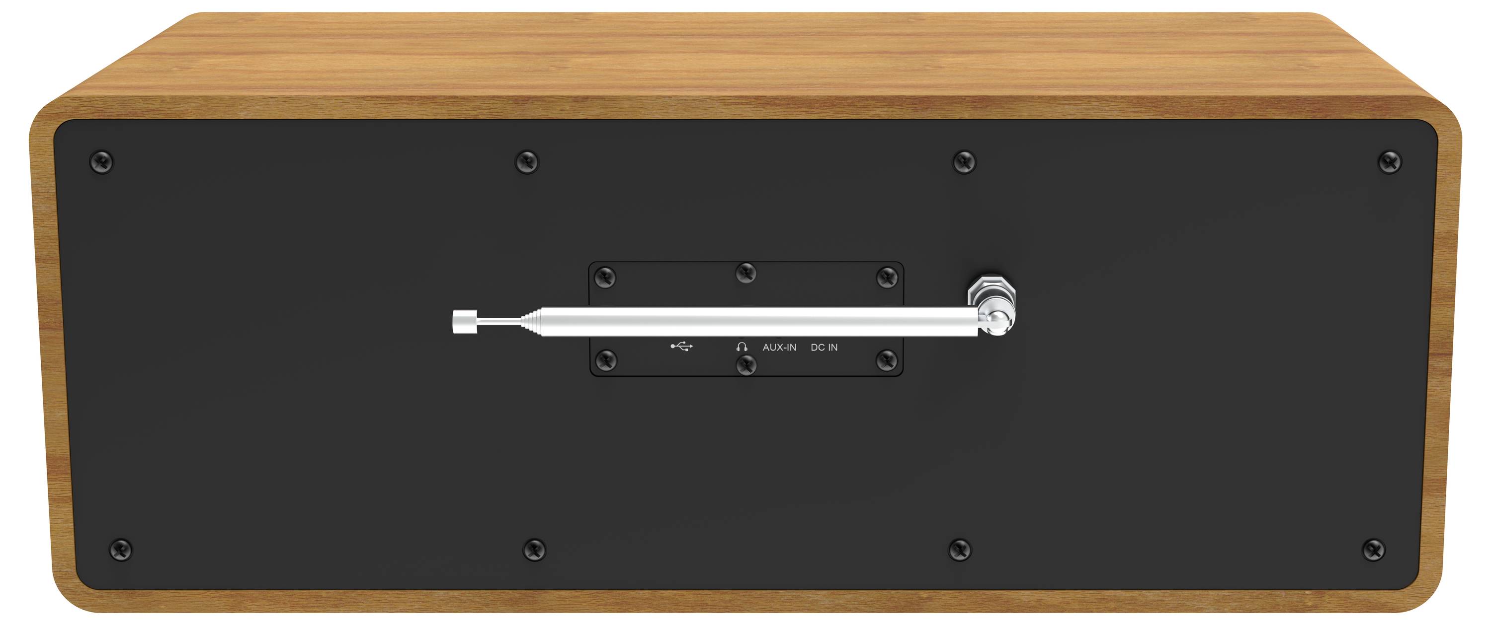 Ein hölzerner rechteckiger Gegenstand mit einem schwarzen Frontpanel und einem metallischen Hebel in der Mitte, umgeben von Schrauben.