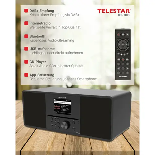 Telestar TOP 300 Schwarz Internet CD-Radio Internet, DAB+, UKW USB, WLAN, Internetradio, DAB+, CD, Bluetooth®, AUX Inkl Telestar TOP 300 Schwarz Internet CD-Radio Internet, DAB+, UKW USB, WLAN, Internetradio, DAB+, CD, Bluetooth®, AUX Inkl