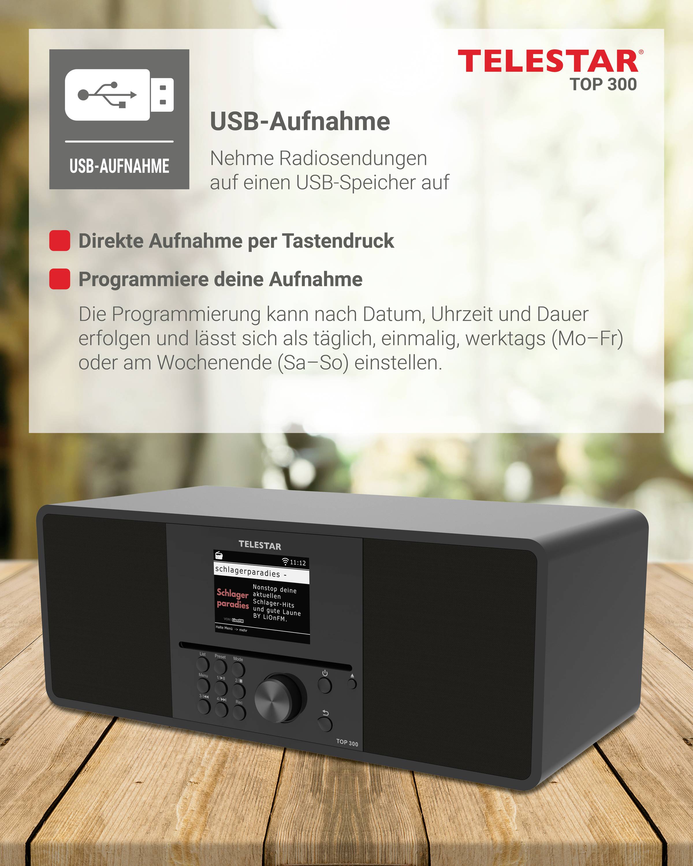 Schwarzes Radio mit der Aufschrift 'TELESTAR TOP 300', USB-Aufnahmefunktion, programmierbare Aufnahmeoptionen, Werbebeschreibung.