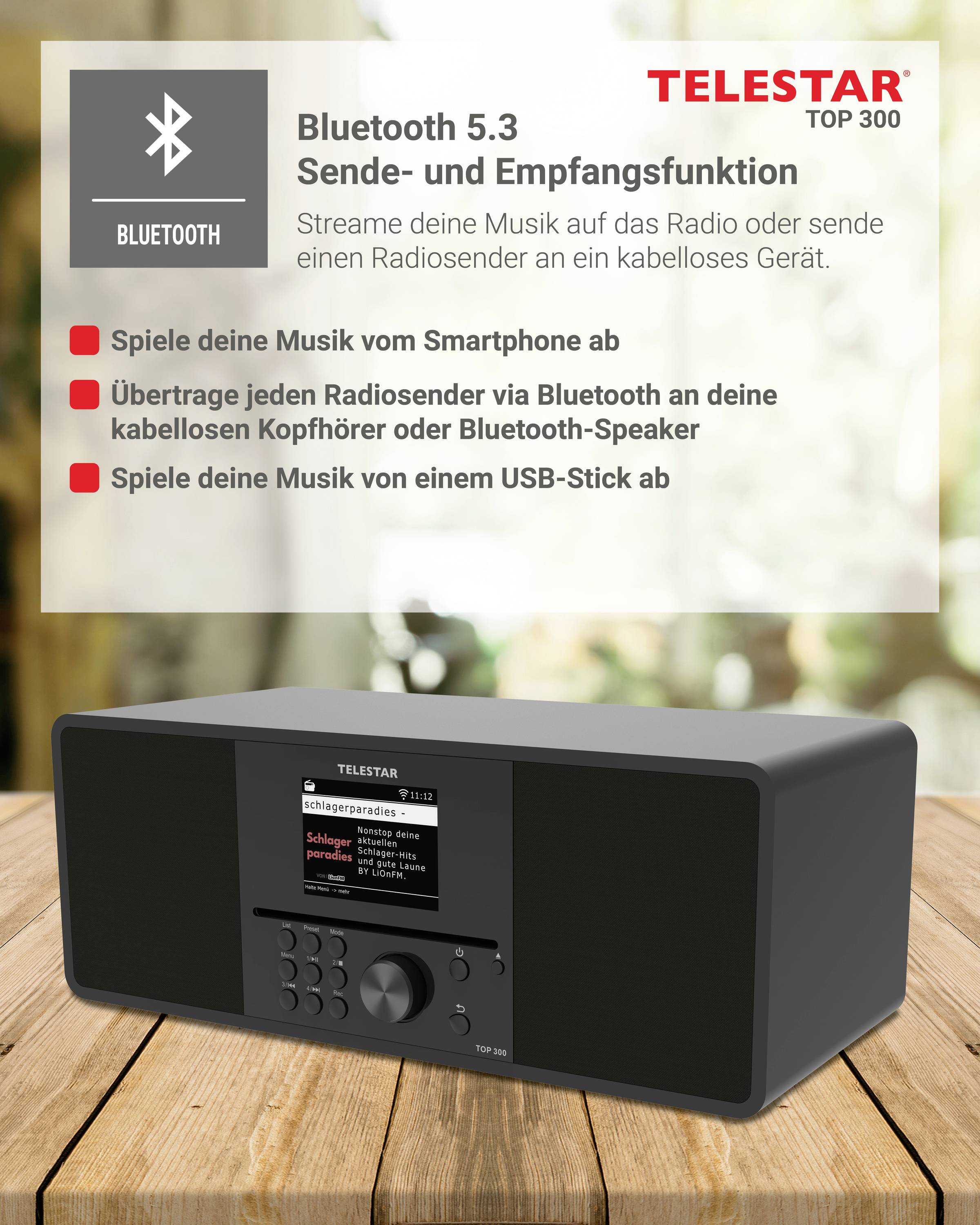 Bluetooth 5.3, Sende- und Empfangsfunktion auf Radio. Spiele Musik vom Smartphone, über Bluetooth, Kopfhörer, oder USB-Stick.