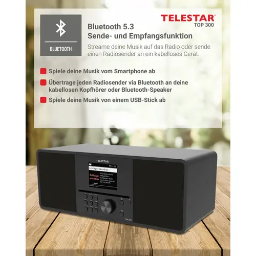 Telestar TOP 300 Schwarz Internet CD-Radio Internet, DAB+, UKW USB, WLAN, Internetradio, DAB+, CD, Bluetooth®, AUX Inkl Telestar TOP 300 Schwarz Internet CD-Radio Internet, DAB+, UKW USB, WLAN, Internetradio, DAB+, CD, Bluetooth®, AUX Inkl