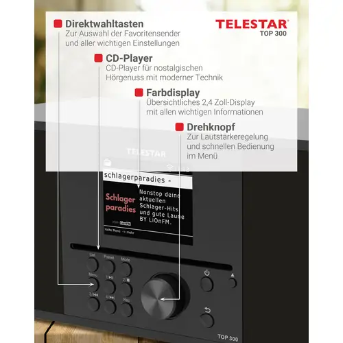 Telestar TOP 300 Schwarz Internet CD-Radio Internet, DAB+, UKW USB, WLAN, Internetradio, DAB+, CD, Bluetooth®, AUX Inkl Telestar TOP 300 Schwarz Internet CD-Radio Internet, DAB+, UKW USB, WLAN, Internetradio, DAB+, CD, Bluetooth®, AUX Inkl