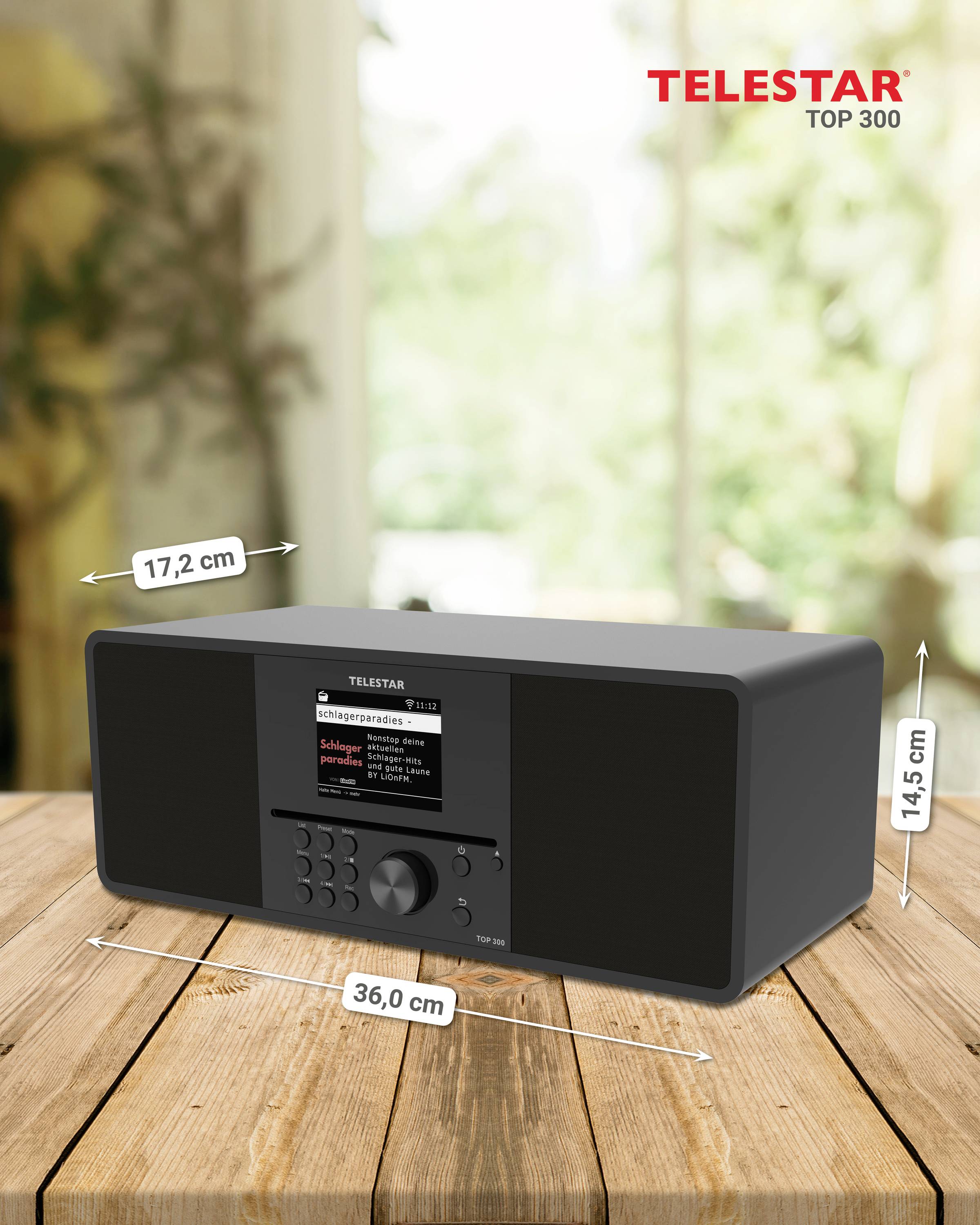Ein schwarzes Radio der Marke Telestar mit den Maßen 17,2 cm x 36,0 cm x 14,5 cm steht auf einem Holztisch. Im Hintergrund ist ein verschwommener Ausblick.