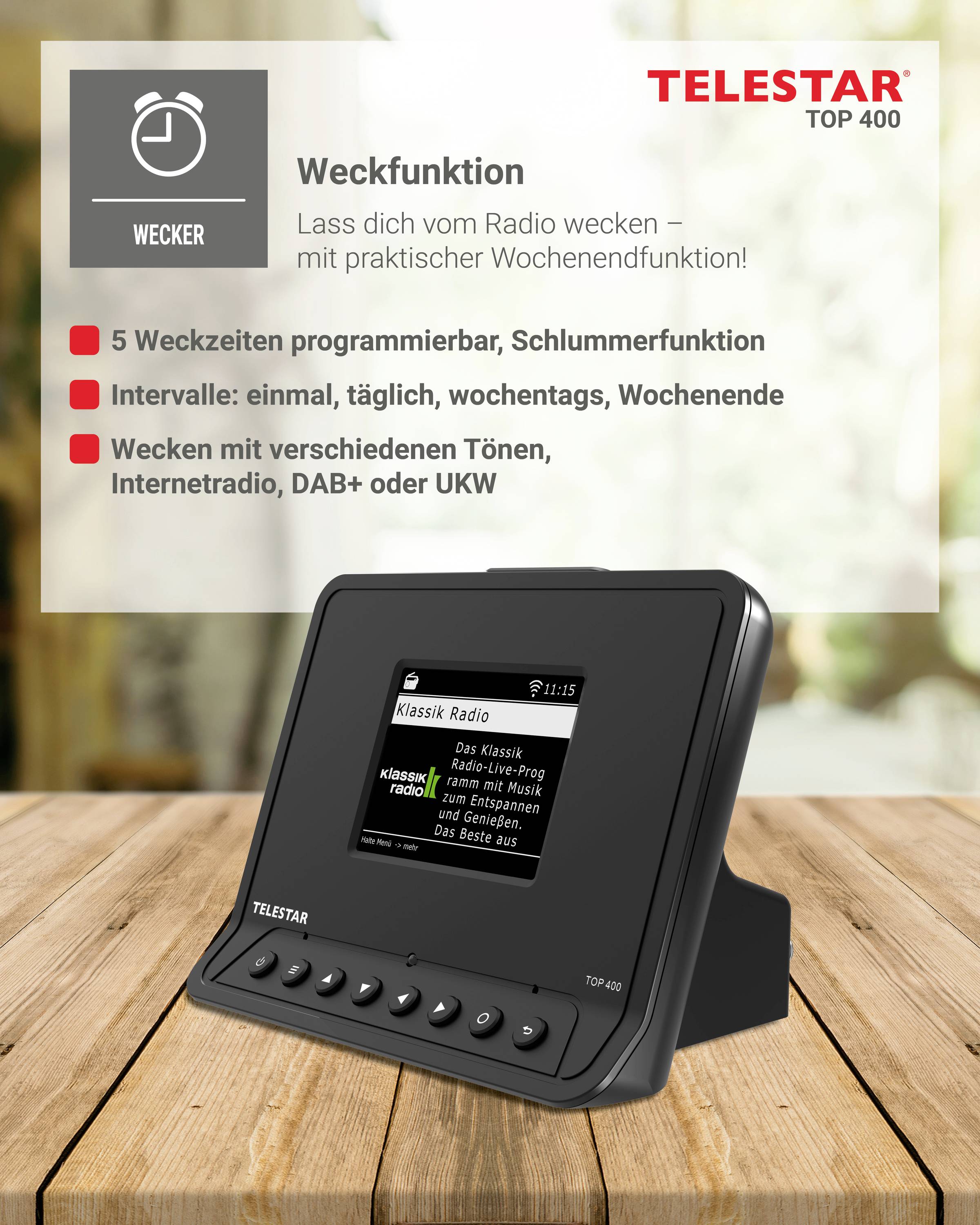 Tragbarer Radiowecker auf einem Tisch, Bildschirm zeigt 'Klassik Radio'. Funktionen: 5 programmierbare Weckzeiten, Schlummermodus.
