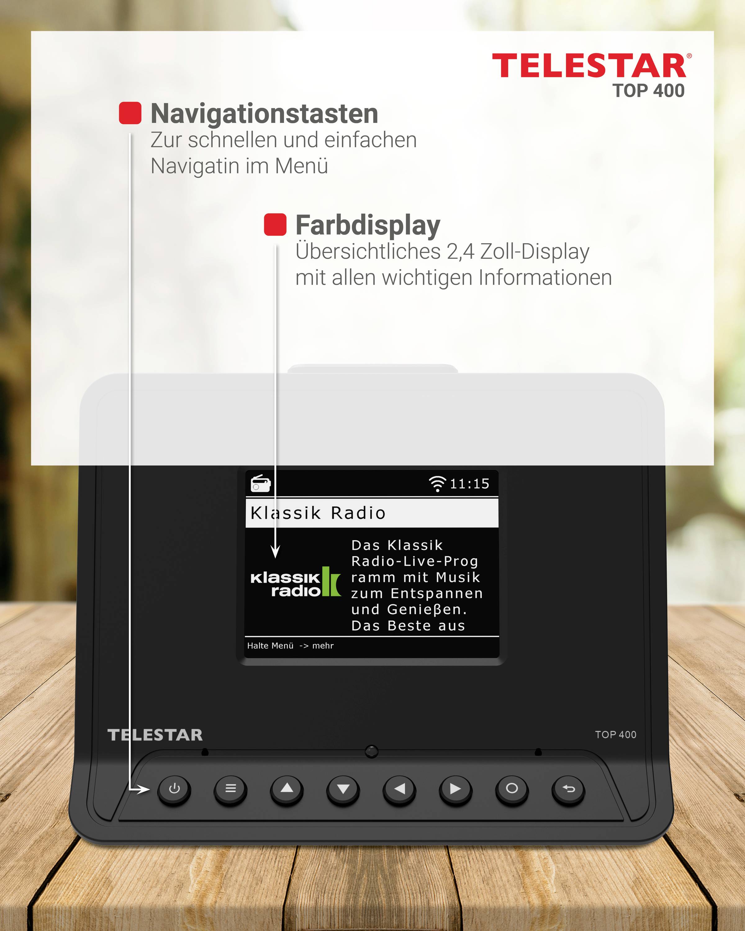'TELESTAR TOP 400' Radiodisplay mit Navigations- und Farbtasten gezeigt, Text auf Display: 'Klassik Radio, Das Beste aus Klassikradio Live-Programmen'.