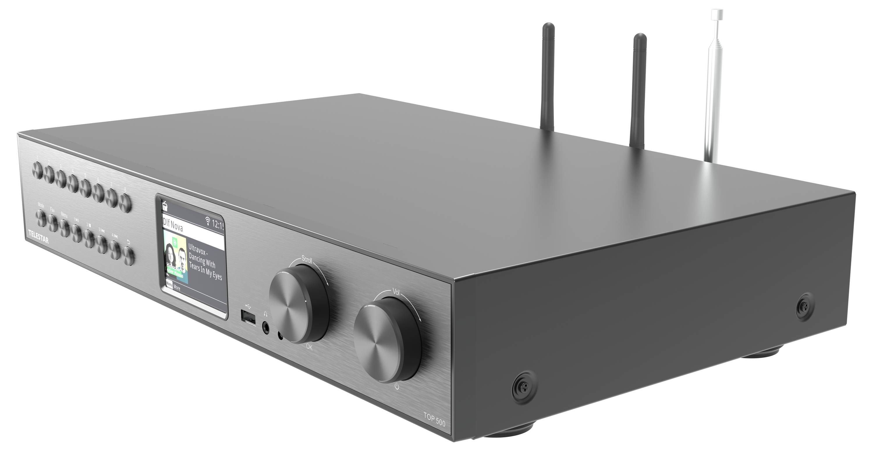 Ein schwarzer Audioempfänger mit digitaler Anzeige, zwei Antennen und mehreren Tasten am Frontpanel. Konzipiert für Heimaudiosysteme.