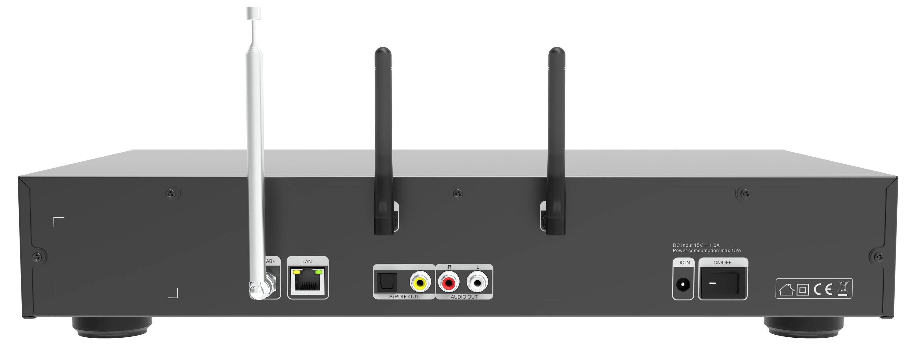 Rückansicht eines elektronischen Geräts mit zwei schwarzen und einer silbernen Antenne, ausgestattet mit Netzwerk-, RCA- und Stromanschlüssen.