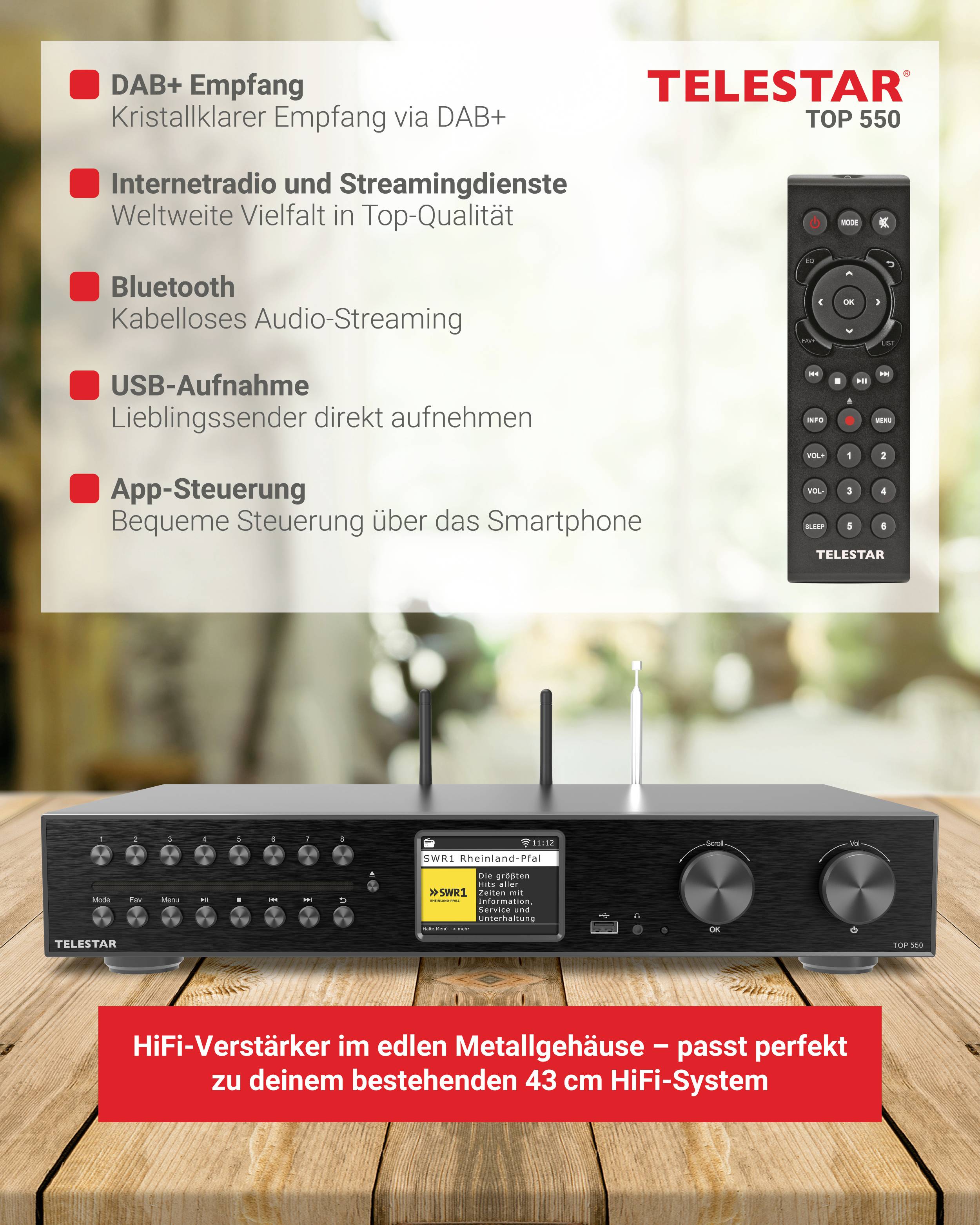 DAB+ Empfang, Internetradio, Bluetooth, USB-Aufnahme, App-Steuerung; HiFi-Verstärker mit Fernbedienung; Telestar Top 550.